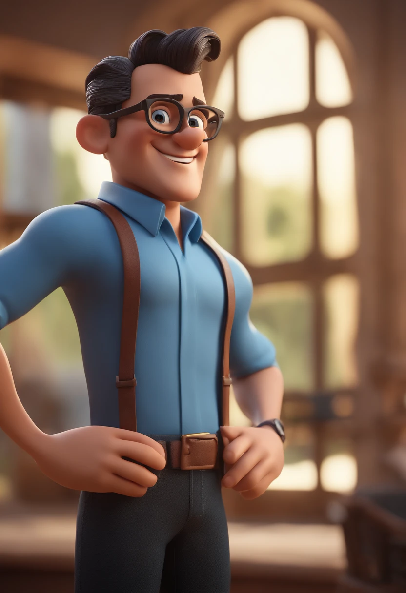 Cartoon character of a man with black glasses and a blue shirt, animation character, Caractere estilizado, animation style rendering, 3D estilizado, Arnold Maya render, 3 d render stylized, toon render keyshot, Personagem 3D, Personagem 3D, 3d rendering stylized, 3 d character render, personagem de desenho animado, Personagem de close up, Pose de personagem,  (Estilo Pixar) (master part:1.2) (Bokeh) (best quality) (pele detalhada) (textura detalhada) (8k) (argila) (Cinematic lighting) (foco nítido