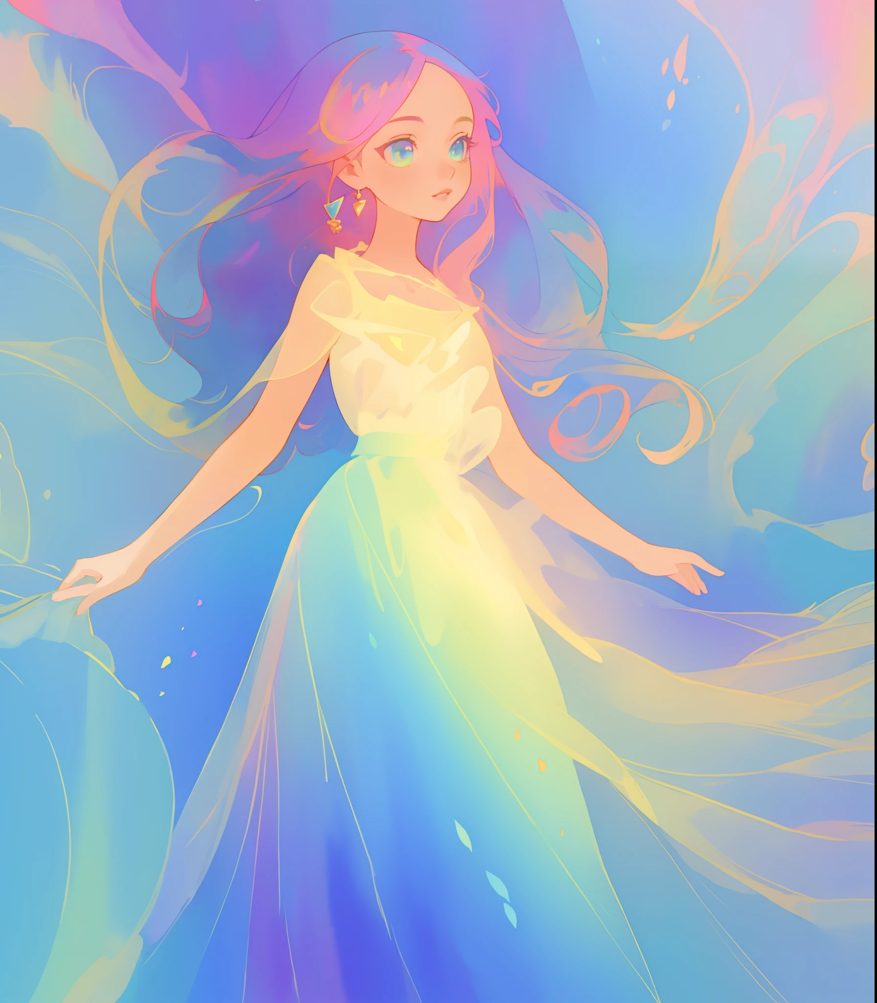 beautiful girl in flowing multi-layered colorful ballgown, long flowing colorful hair, vibrant pastel colors, colorful, watercolor illustration, masterpiece, best quality, sharp focus, intricate detail, highly detailed, 8k resolution, beautiful face, golden ratio, perfection, fantasia background, otherworldly, whimsical, magical
