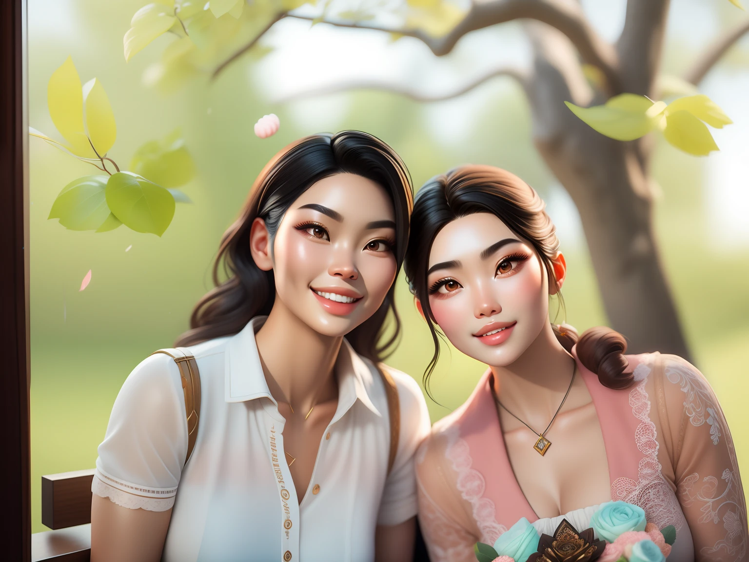 masterpiece, best quality, 3d rendering work, 3DMM style, close-up, portrait, 3D, two young Asian women, beautiful skin, brown eyes, medium wavy black hair, sweet smile, 80 kg overweight, gradient background. Colors Candy color, cute