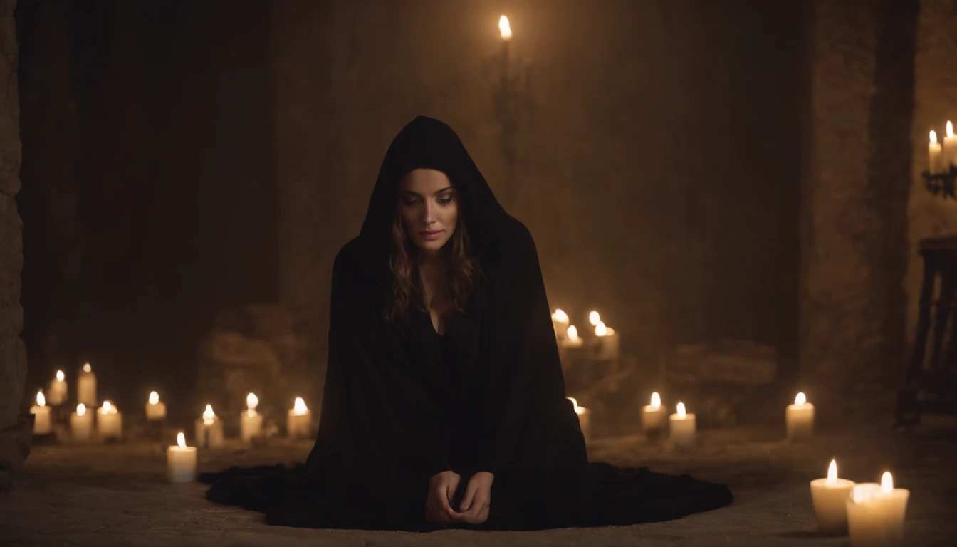 Strange people in black robes and hoods, surrounding a woman who is bound hand and foot on the floor, illuminated by candlelight in the dark, photo realistic, film effects, CGI, VFX, SCI-FI, 4K