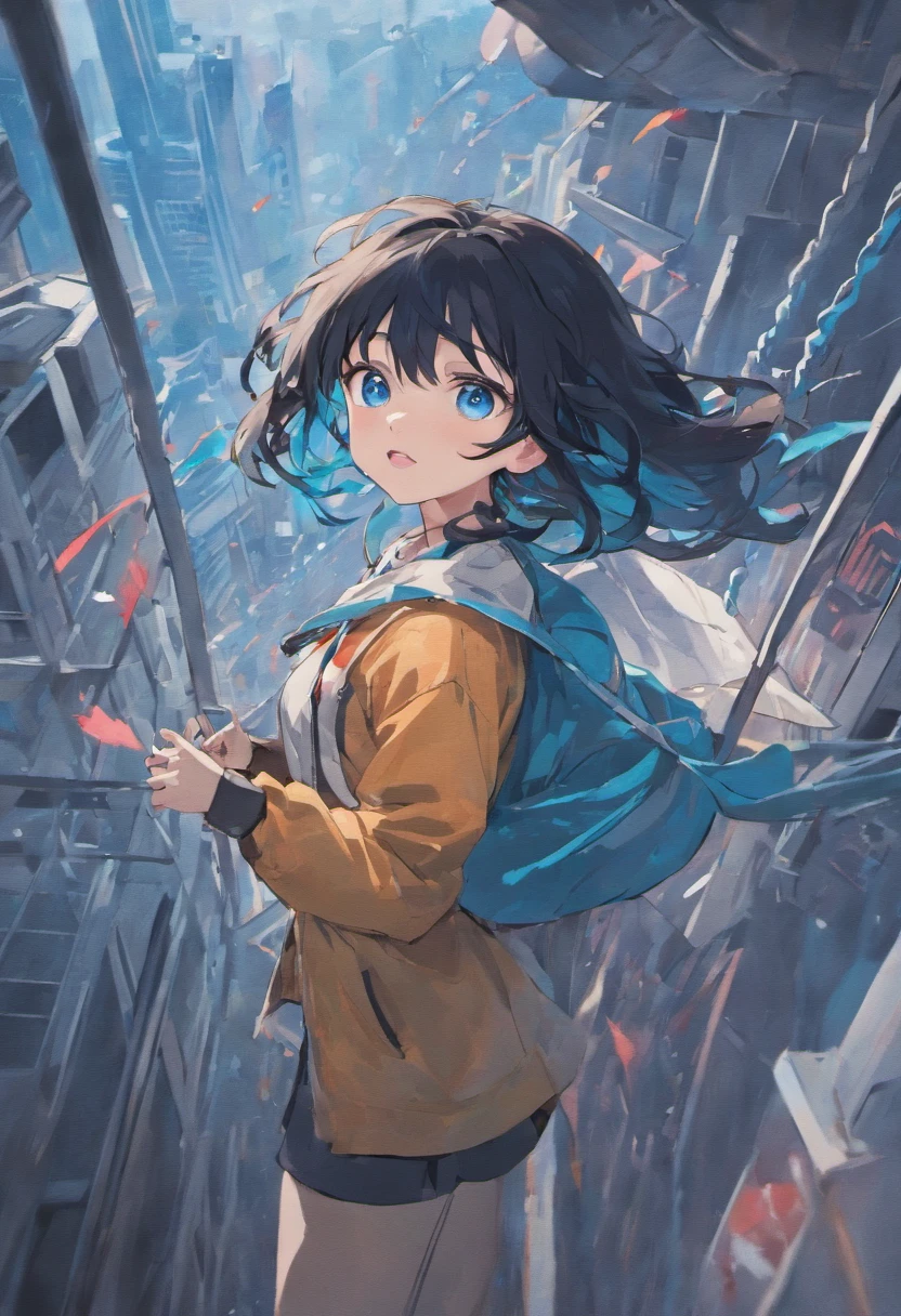 Hanging on an airplane with a rope Black hair long girl blue eyes swaying in strong wind