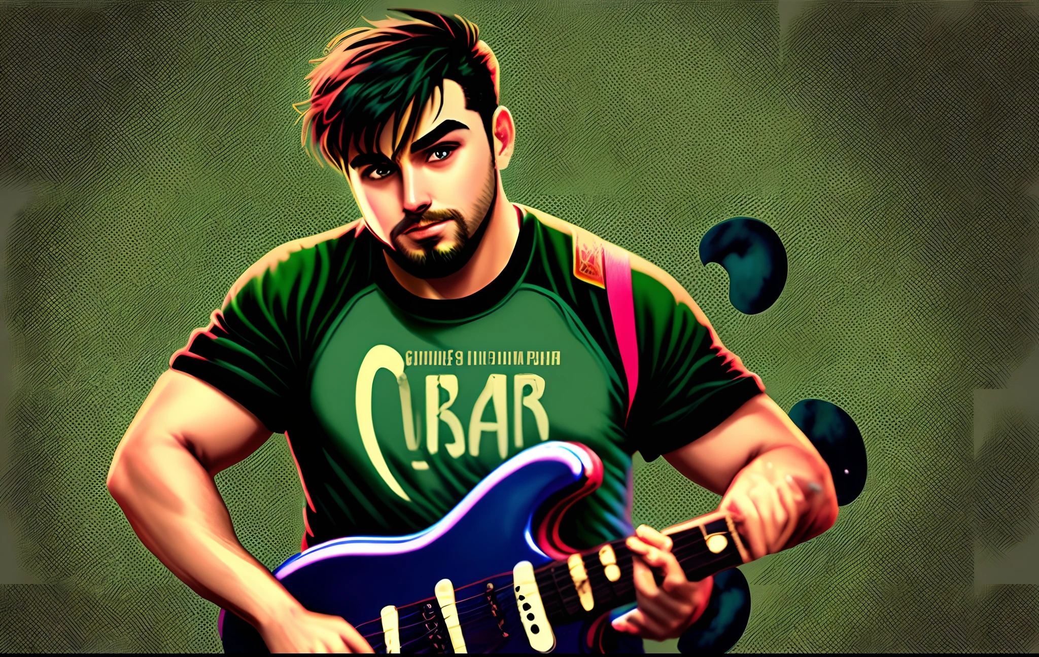 Homem cabelo curto arrepiado e barba baixa tocando guitarra stratocaster verde claro , with black pants and black shirt in Pixar style