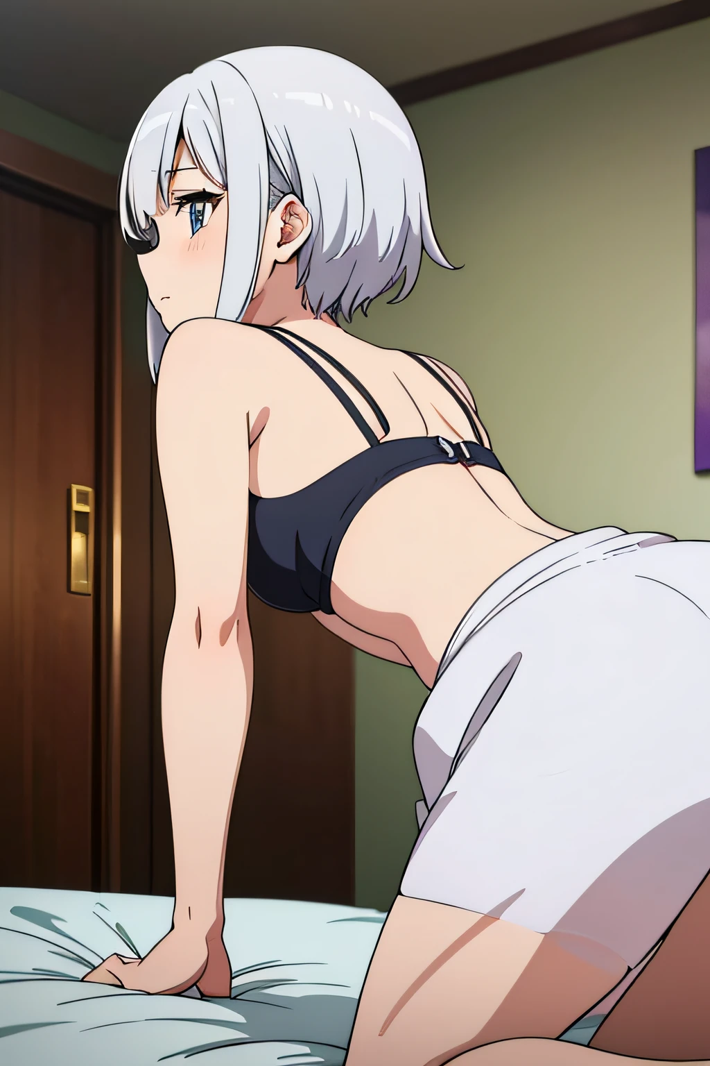 (1girl in),(beautiful eyes finely detailed, Face to detail, white hair, hime-cut), wearing maid uniform, facing away from the camera, backside, lying on bed with doggy style sex position, back, bedroom, camera angle from behind, full body, masterpiece sidelighting, ​masterpiece, top-quality, detailed, High resolution illustration