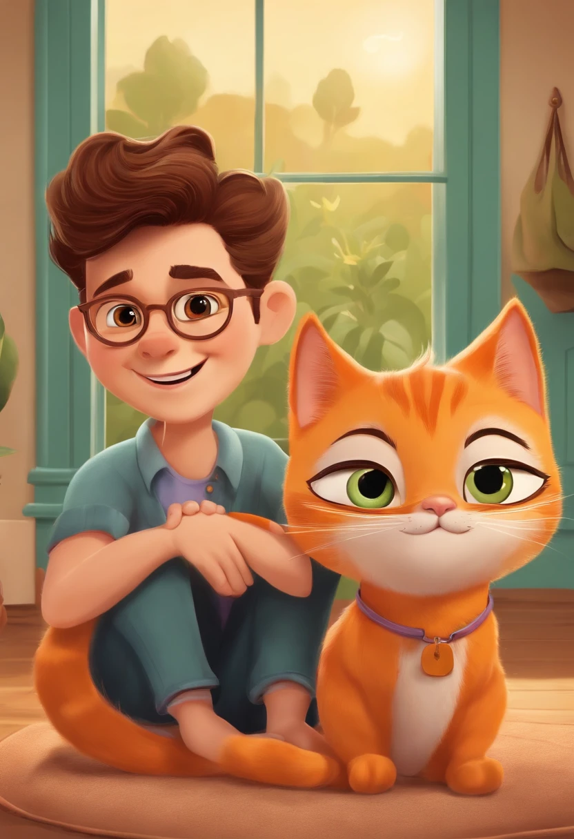 Pixar. Two Young Men Who Are A Gay Couple With Two Cats. O moreno tem cabelos pretos, olhos castanhos com 30 anos rosto comprido, cabelo curto. O outro jovem de cabelos loiro escuro, olhos verdes, nariz, fino. They're both smiling, com um gato laranja, e uma gata preta, ambos amam gatos,