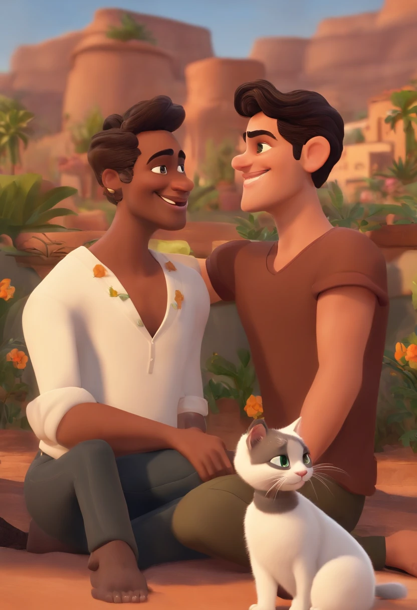 Pixar. Two Young Men Who Are A Gay Couple With Two Cats. O moreno tem cabelos pretos, olhos castanhos com 30 anos rosto comprido, cabelo curto. O outro menino jovem de cabelos loiro escuro, olhos verdes, nariz, fino. They're both smiling, com um gato laranja, e uma gata preta, ambos amam gatos,