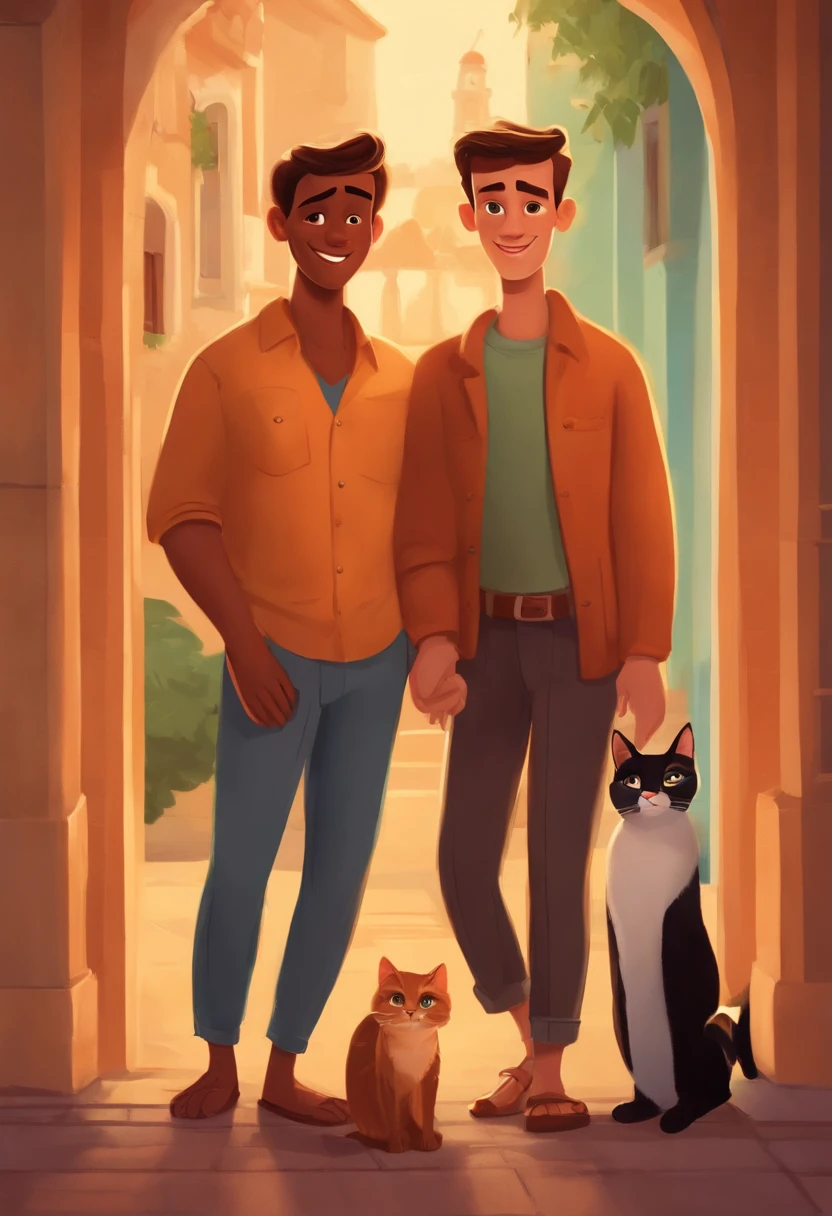 Pixar. Two Young Men Who Are A Gay Couple With Two Cats. O moreno tem cabelos pretos, olhos castanhos com 30 anos rosto comprido, cabelo curto. O outro jovem de cabelos loiro escuro, olhos verdes, nariz, fino. They're both smiling, com um gato laranja, e uma gata preta, ambos amam gatos,