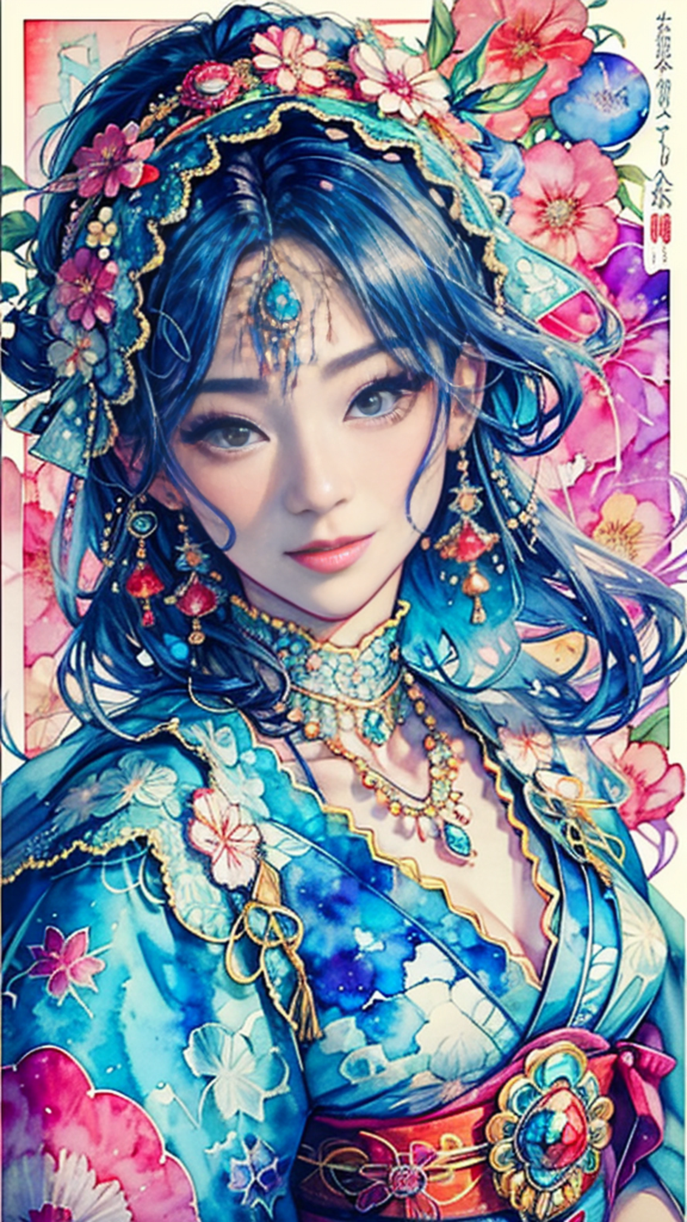 Photorealistic, High resolution, 1womanl, Solo, hips up high, look at viewr, A slight smil,(Detailed face),Japan kimono, jewely、Gorgeous 20 year old girl、Pedras preciosas、watercolor paiting