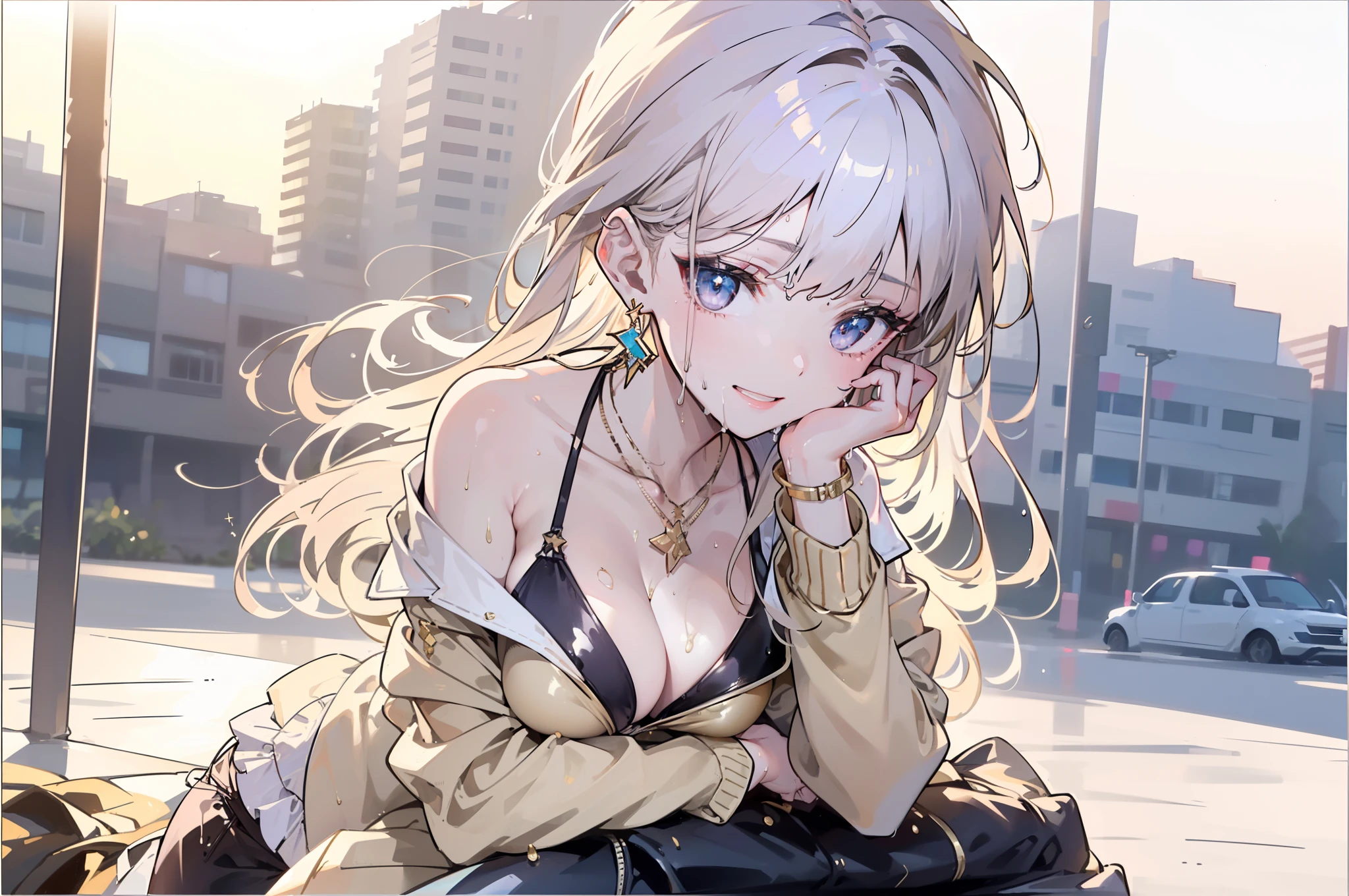 1 beauty, (Light Purple Eyeshadow),Platinum Blonde Perm Hair、(broad shoulders:1.4)、(Smaller face)、(pointed breast:1.6)、Model body type:1.2、Sharp eyes、Watery Big Eyes、(A mischievous smile:1.2)、Biker Jacket、 ((Light Gold Bikini Swimsuit:1.4)),(wet and disheveled hair,:1.4)、(Heavy sweat on the face:1.2)、(facefocus:1.4)、(Platinum necklace and large earrings)、Gulf Road:1.4、A yellow Volkswagen Beetle is parked towards us、((Leaning on the car:1.4))、Increase the amount of information:1.2、Perfect drawing、(pinup:1.2)