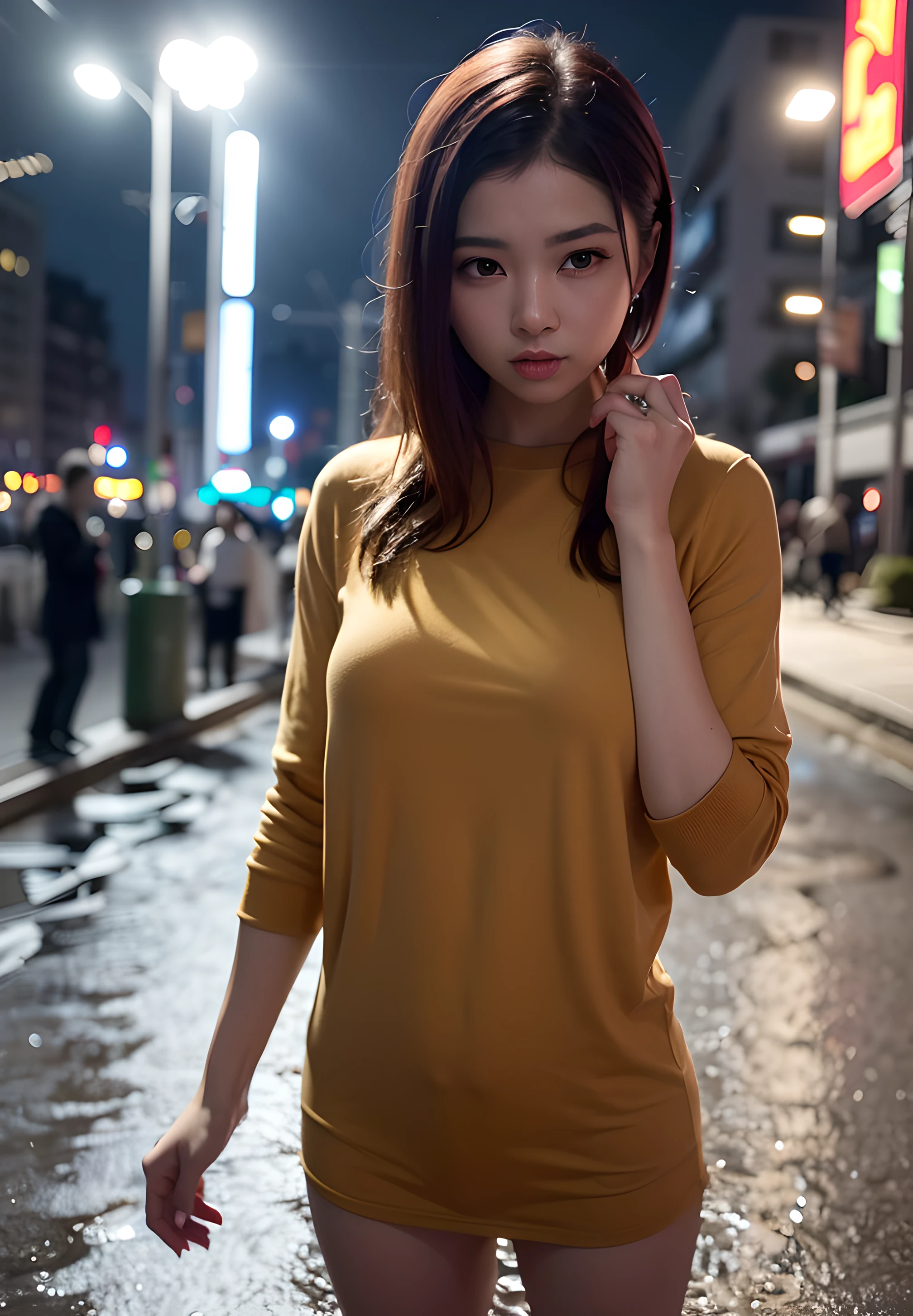 (8k, RAW photo, best quality, masterpiece:1.2), (realistic, photo-realistic:1.37), omertosa, 1girl, (Kpop idol), (aegyo sal:1), cute, cityscape, night, rain, wet, Rainy night, professional lighting, photon mapping, radiosity, physically-based rendering