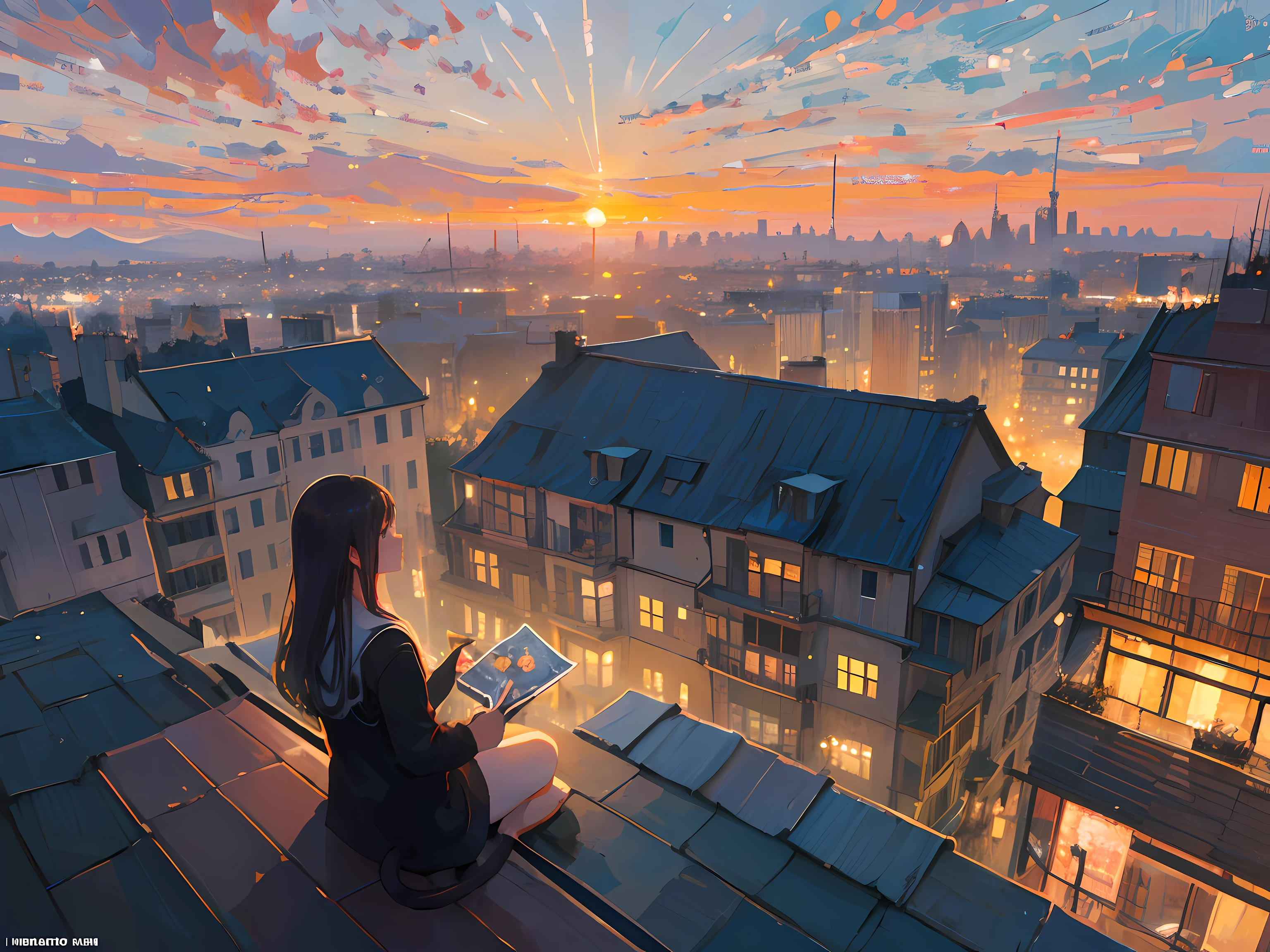 (masterpiece:1.2, best quality)a girl, rooftops, city view, Brazilian girl, cat, illustration style, cool colors, relaxed atmosphere, easy vibe, rooftops silhouette, warm sunset, city lights, detailed illustration quality, vibrant colors, (impressionism:1.4), (tarot:1.3), dramatic background, cat sitting on the rooftop, girl with long flowing hair, capturing the cityscape, blending into the urban scenery, leisurely gaze, calm and serene, cozy rooftop setting, charming and dreamy ambiance