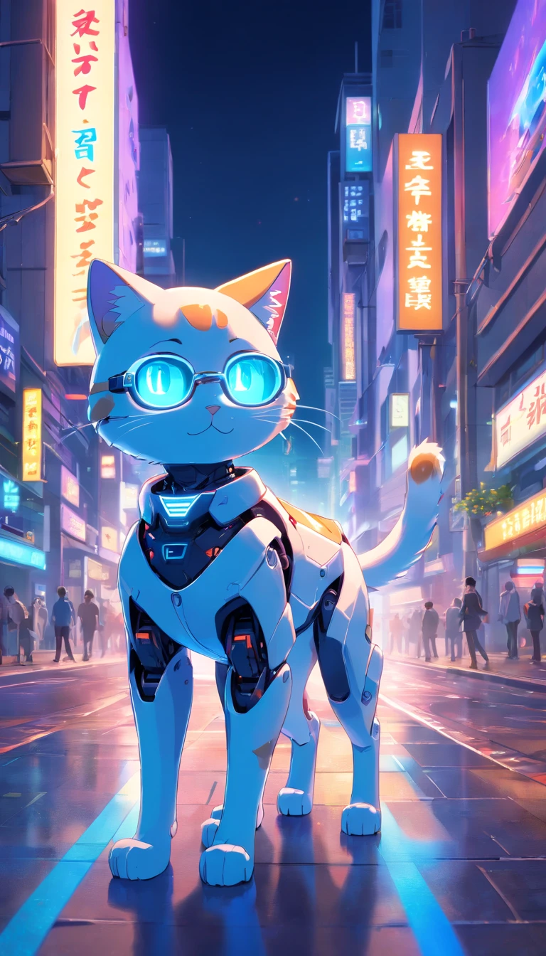 robotic cat, (estilo de brinquedo da caixa cega:1.2), (tiro de corpo inteiro) , 1  Transparente,Behind him is a cute transparent robot cat, Mech transparente, Capacete requintado:1.2, Glasses:1.2, Cyberpunk, brilho sonhador, luminous neon lights, limpo, fundo branco, ( global ilumination, Traching de raias, HDR, unreal render,Reasonable design, alto detalhe, master part, best quality, hiper HD, Cinematic lighting)