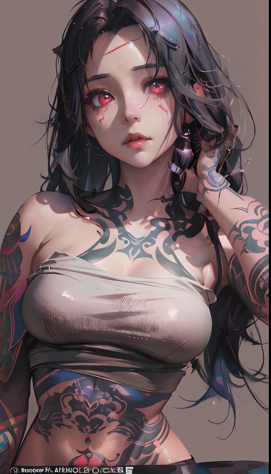 Alafed woman with tattoos on arms and chest, ig model | ArtGerm, inspired by Yanjun Cheng, artwork in the style of guweiz, seductive tifa lockhart portrait, of taiwanese girl with tattoos, ross tran 8 k, Digital Art. art stations, low details. Digital Painting, deviantart artstation cgscosiety