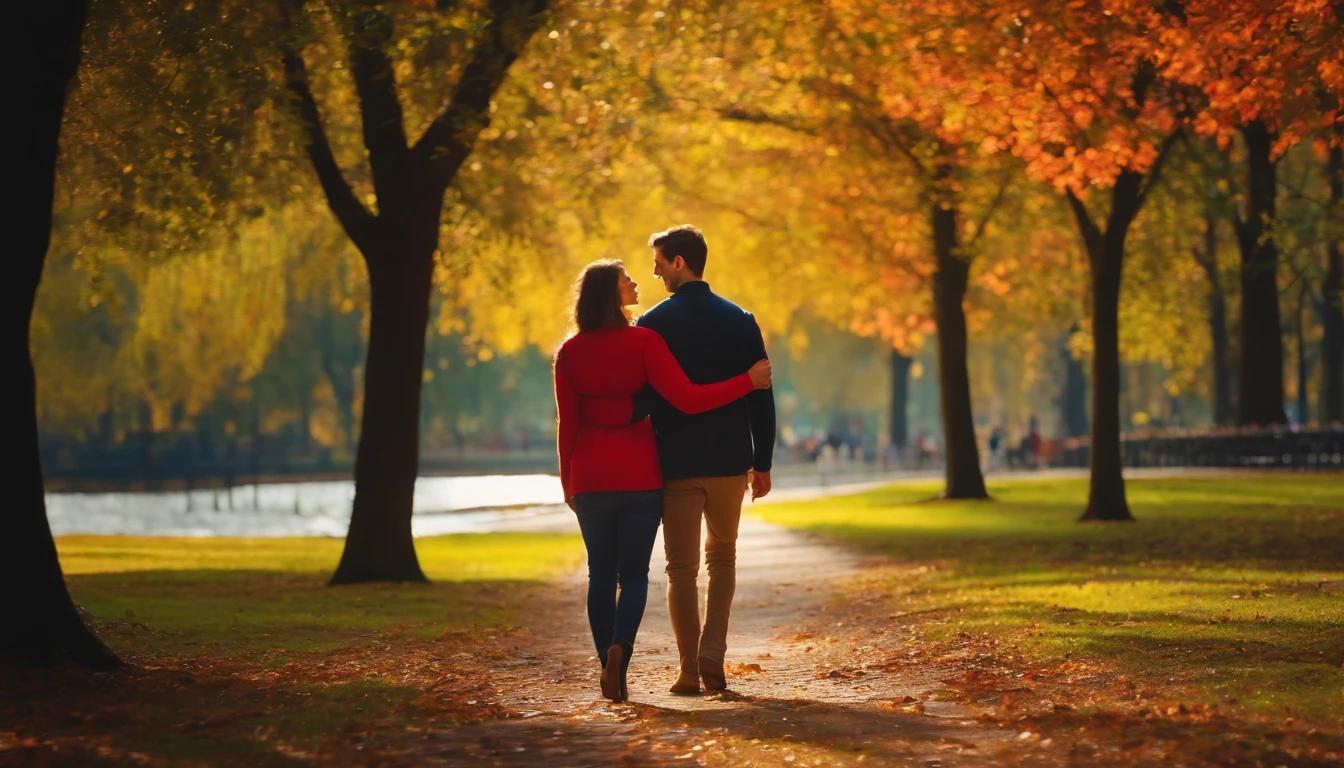 cinematic portrait of Slavic couple with smiling faces, standing in front of the camera, walking in a beautiful blooming park, husband and wife fascinated by nature, soft beauty, gentle sunlight behind, Fallen leaves, Face in front of the camera