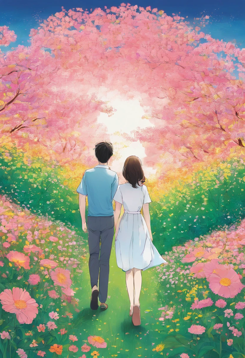 there is a poster of a couple walking through a field of flowers, digital art, by Marshall Arisman, cover illustration,book cover illustration, by Brigette Barrager, album cover, novel cover art for a book, art concept for a book cover, cover art, 7 feet tall