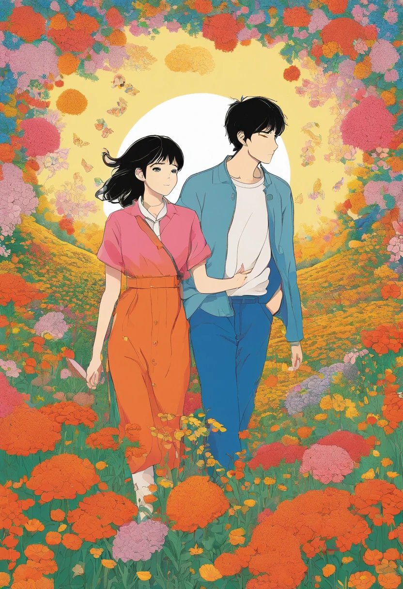 there is a poster of a couple walking through a field of flowers, digital art, by Marshall Arisman, cover illustration,book cover illustration, by Brigette Barrager, album cover, novel cover art for a book, art concept for a book cover, cover art, 7 feet tall