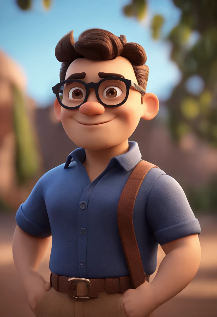 Cartoon character of a man wearing black glasses and a blue shirt, um personagem animado, Caractere estilizado, animation style rendering, 3D estilizado, Arnold Maya render, 3 d render stylized, toon render keyshot, Personagem 3D, Personagem 3D, 3d rendering stylized, 3 d character render, personagem de desenho animado, Personagem de close up, Pose de personagem, (Estilo Pixar) (master part:1.2) (Bokeh) (best quality) (pele detalhada) (textura detalhada) (8k) (argila) (Cinematic lighting) (foco nítido，Senta e vaza a parte superior do corpo