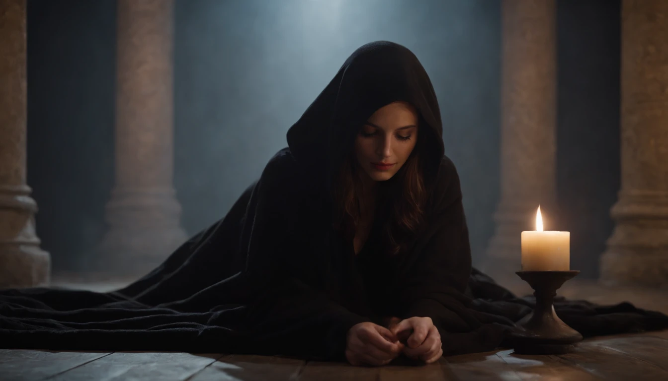 Strange people with black robes and hoods, no faces, only black shadows, surround a woman who is tied by hands and feet on the floor, illuminated by candlelight in the dark, photo realistic, film effects, CGI, VFX, SCI-FI, 4K