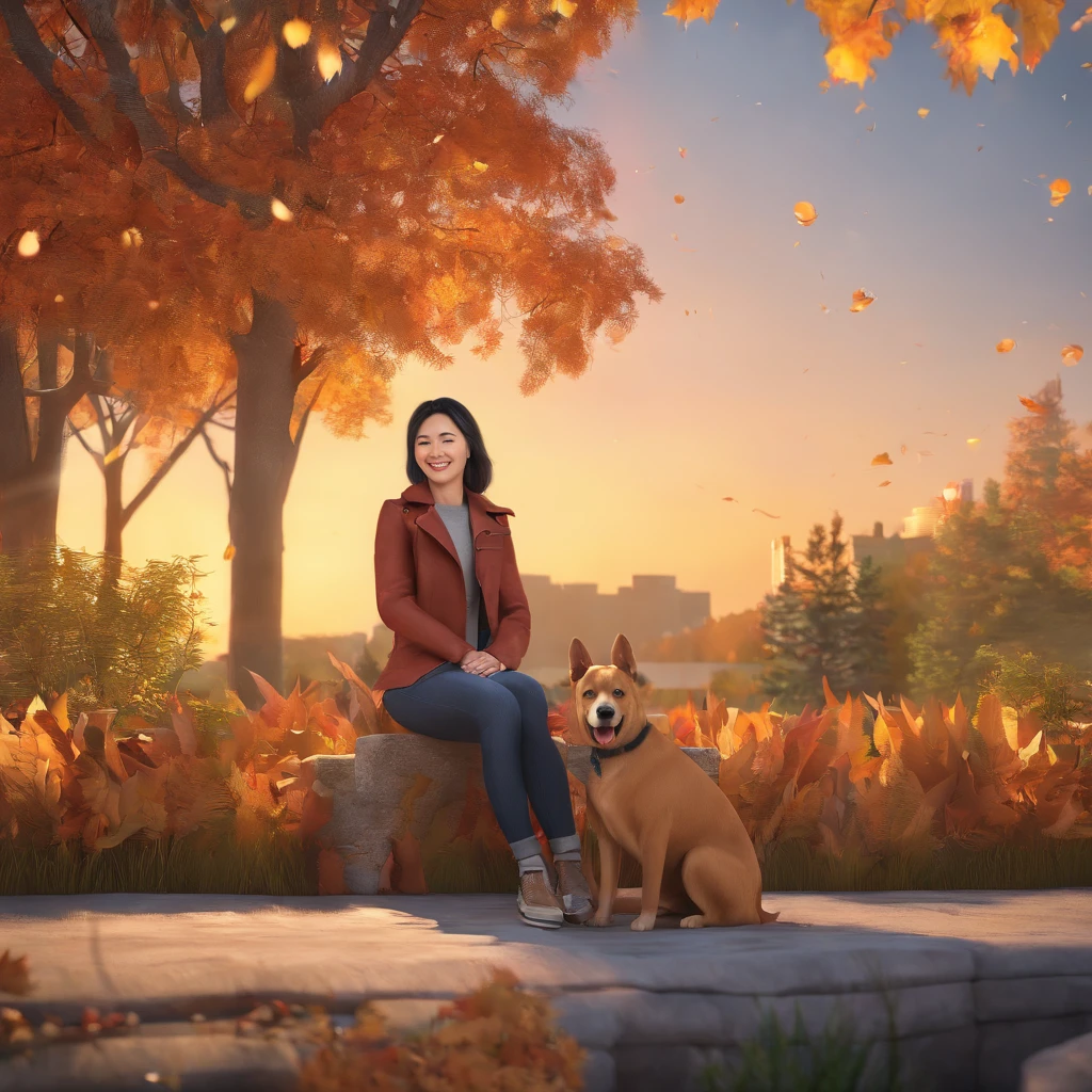 Eliane, a 35 year-old korean woman, is smiling seating in Canada fall with her dog.