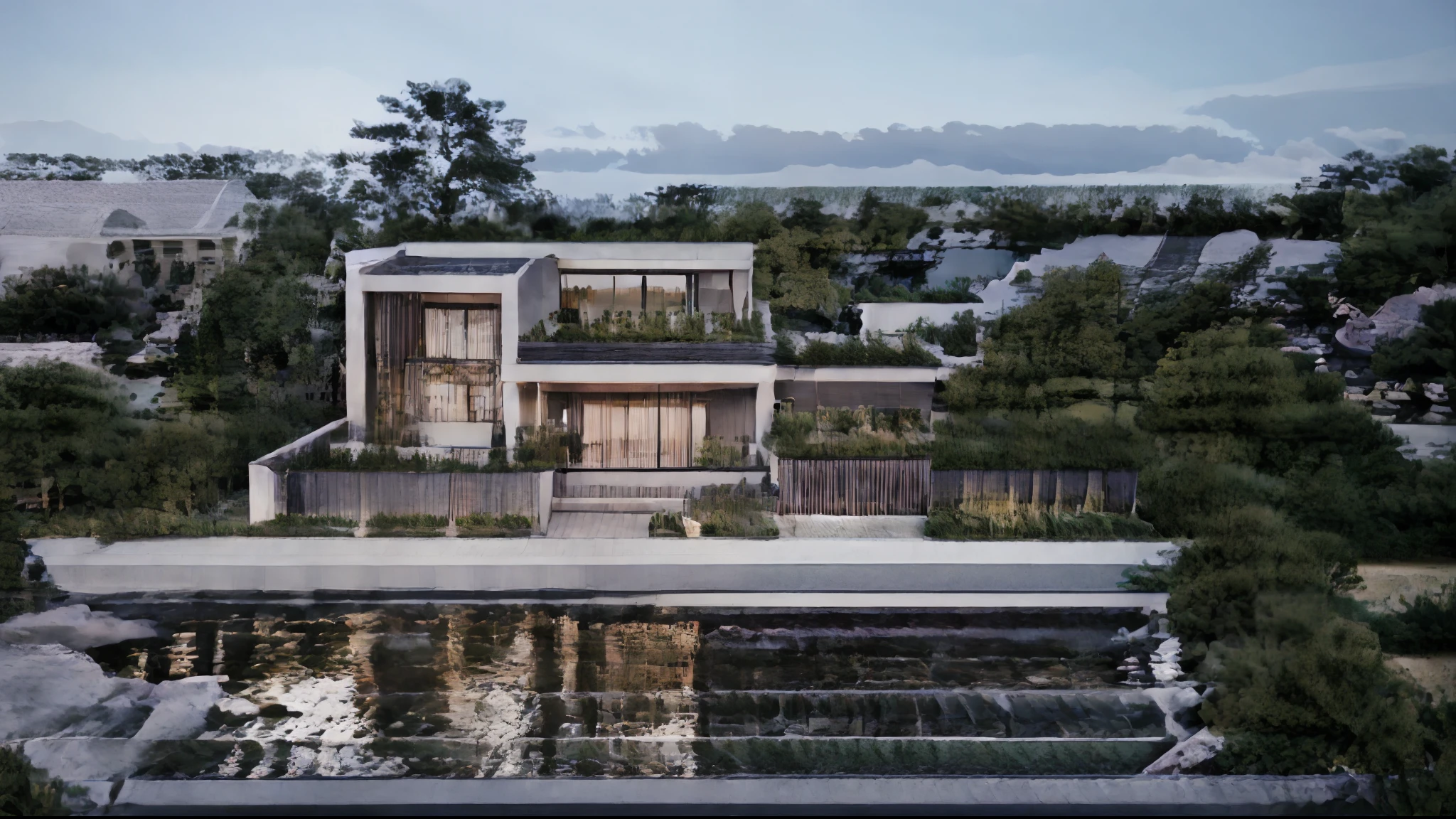 arafed house with a pond in front of it and a few houses in the background, photo taken from above, building along a river, view from above, with a fishpond and courtyard, outside view, frontview, waterfront houses, contemporary house, exterior view, above view, photo from above, top - view, view from slightly above, top view