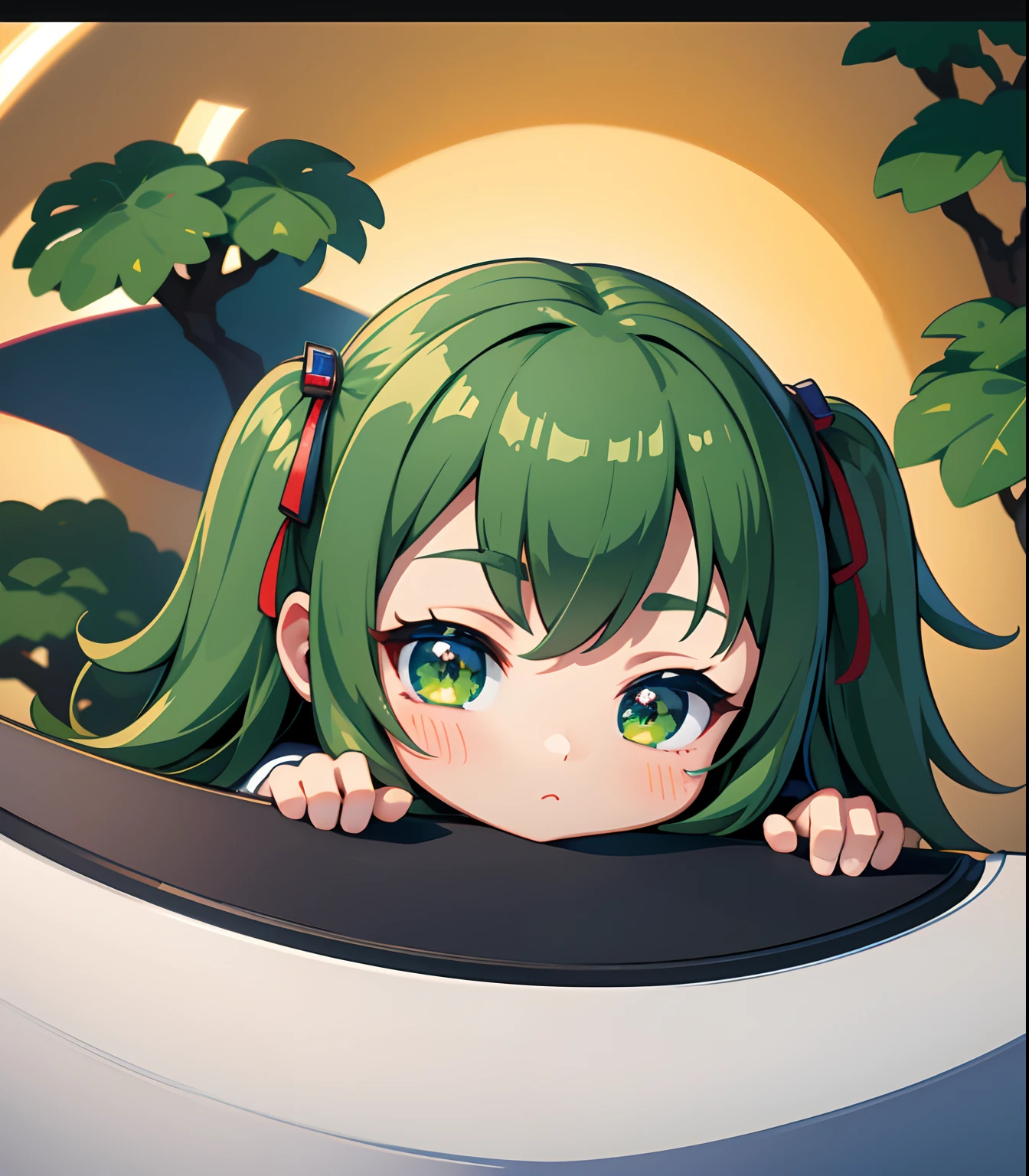 (masterpiece、top-quality、ultra-detailliert、Best Shadows)、细致背景、a sticker、hight resolution、ultra-detailliert、((Lady))、(Chibi Chara),Beautiful hair、verdant、foliages、Green、kawaii faces、A detailed eye、Women in Japan、noble、livestream、Charisma Idol Pose、Detailed hand、perfect hand、intricate detailes、Famous Private Schools