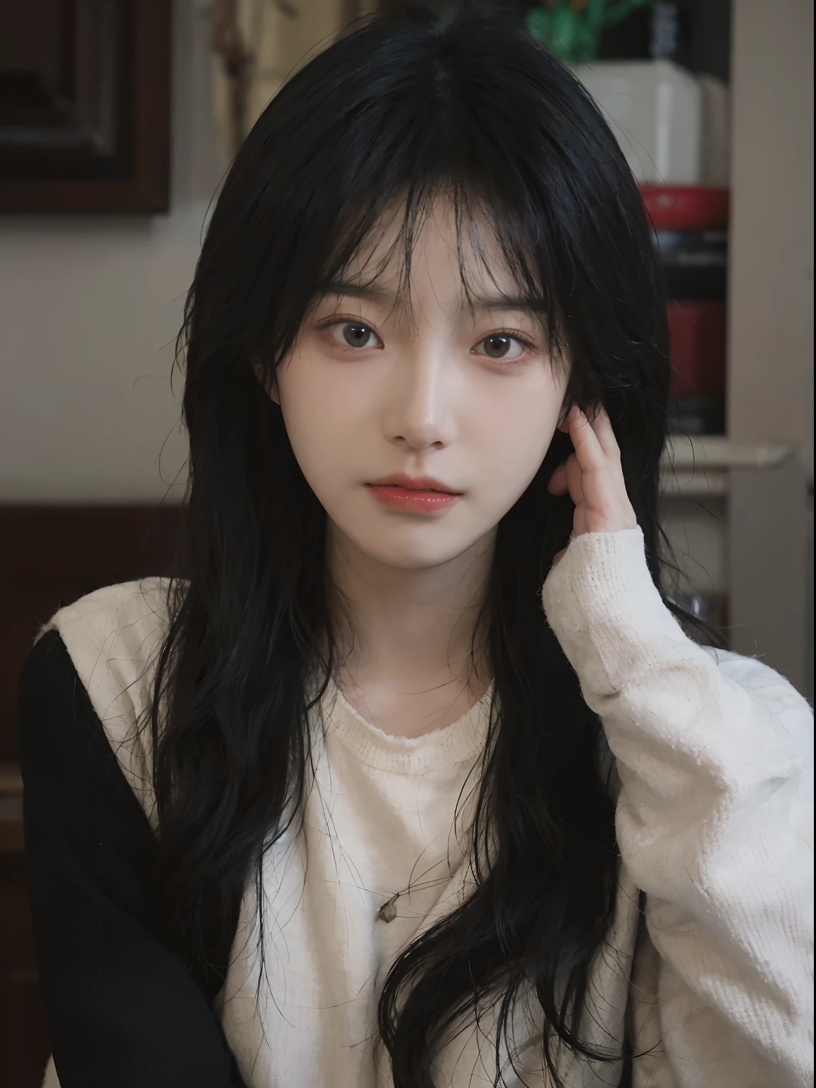 best qualtiy, 超高分辨率, (realisticlying:1.4), A woman with long black hair and a gray sweater, 中景 the scene is, She has black hair,By bangs, young lovely Korean faces, wan adorable korean face, ulzzangs, Shin Jinying, beautiful aesthetic face, Korean face features, Played by Liu Lee Ji Eun ,Beautiful realistic face