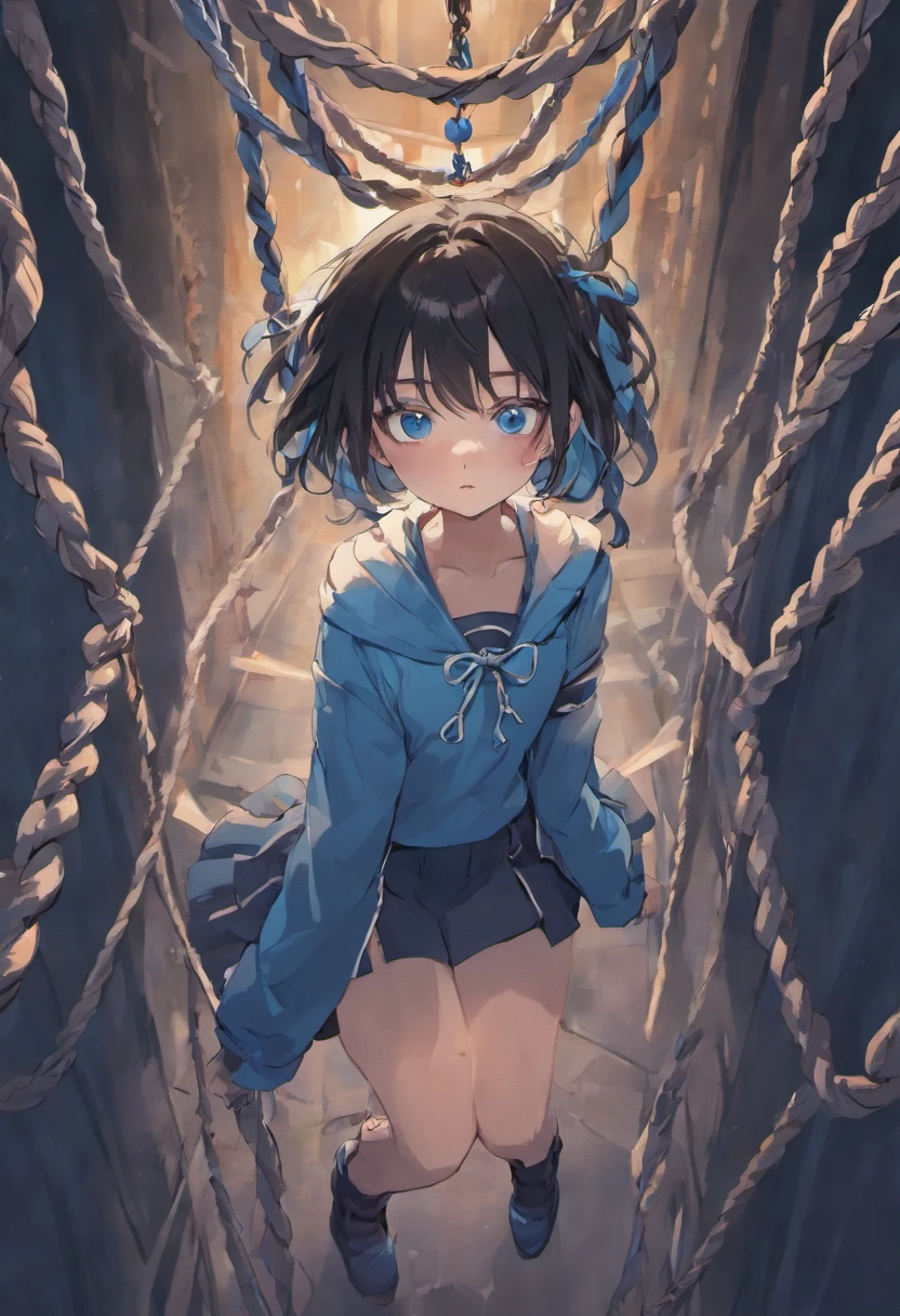 Rope tied up hanging girl blue eyes black hair long