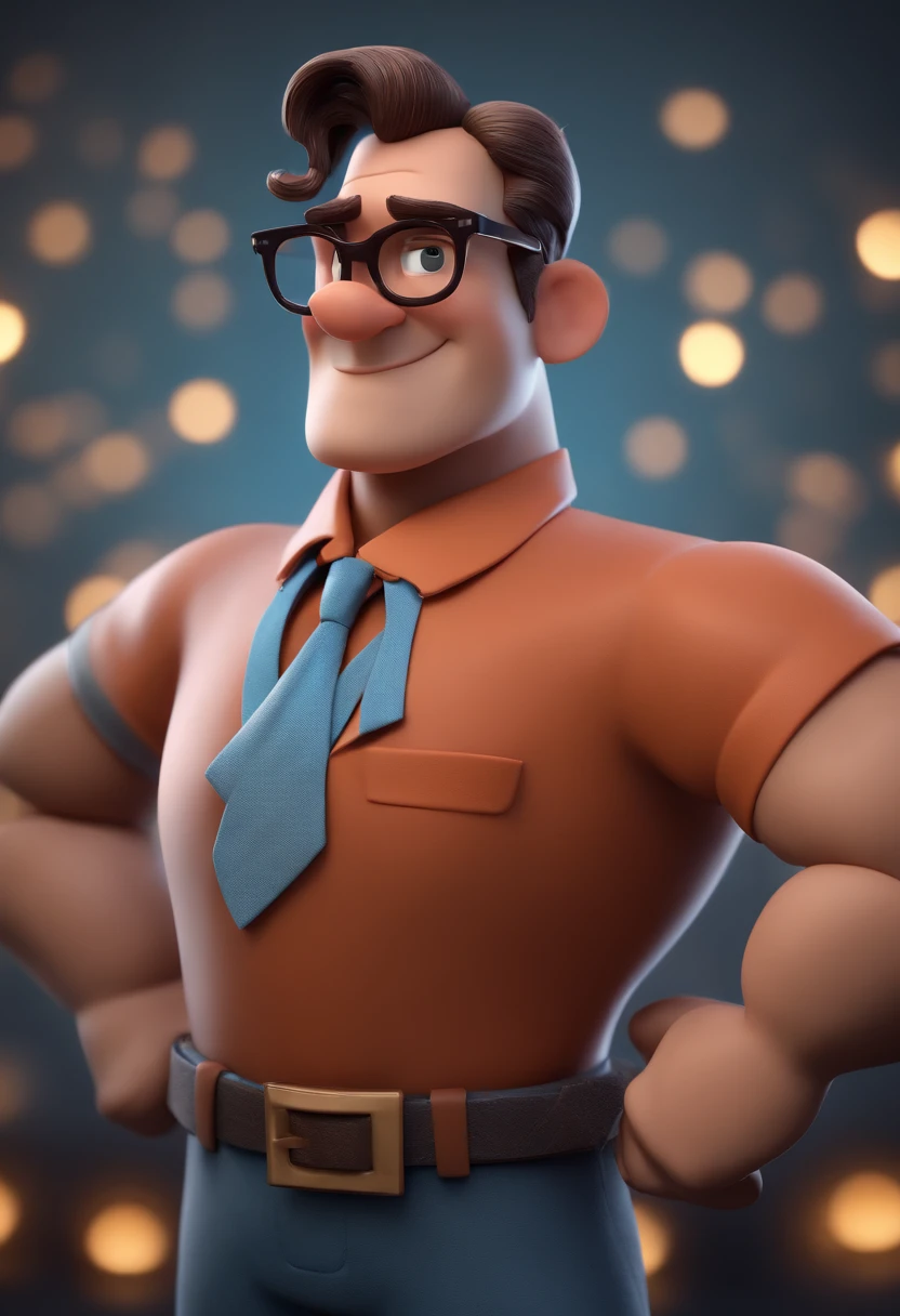 Cartoon character of a man with black glasses and a blue shirt, animation character, Caractere estilizado, animation style rendering, 3D estilizado, Arnold Maya render, 3 d render stylized, toon render keyshot, Personagem 3D, Personagem 3D, 3d rendering stylized, 3 d character render, personagem de desenho animado, Personagem de close up, Pose de personagem,  (Estilo Pixar) (master part:1.2) (Bokeh) (best quality) (pele detalhada) (textura detalhada) (8k) (argila) (Cinematic lighting) (foco nítido