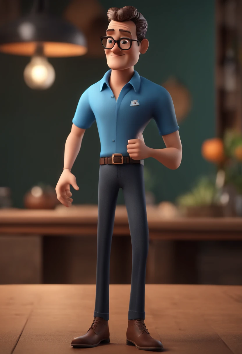 Cartoon character of a man with black glasses and a blue shirt, animation character, Caractere estilizado, animation style rendering, 3D estilizado, Arnold Maya render, 3 d render stylized, toon render keyshot, Personagem 3D, Personagem 3D, 3d rendering stylized, 3 d character render, personagem de desenho animado, Personagem de close up, Pose de personagem, (Estilo Pixar) (master part:1.2) (Bokeh) (best quality) (pele detalhada) (textura detalhada) (8k) (argila) (Cinematic lighting) (foco nítido