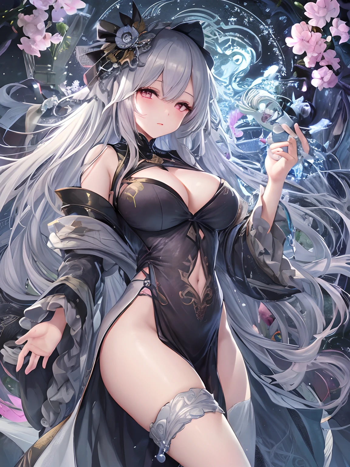 pixiv Competition Winner, Fantasy Art, Gray-haired, beautiful character painting, Guvez style artwork,（（There is a large white snake）） Yukionna's dazzling gaze, guweiz, long white hair, Flowing hair and robes, cute large eyes, Illustrations, fine lines, dark colored，in one's underwear only，Yuki，（（（Pink lingerie in lace and silk with attention to detail））），bow ribbon