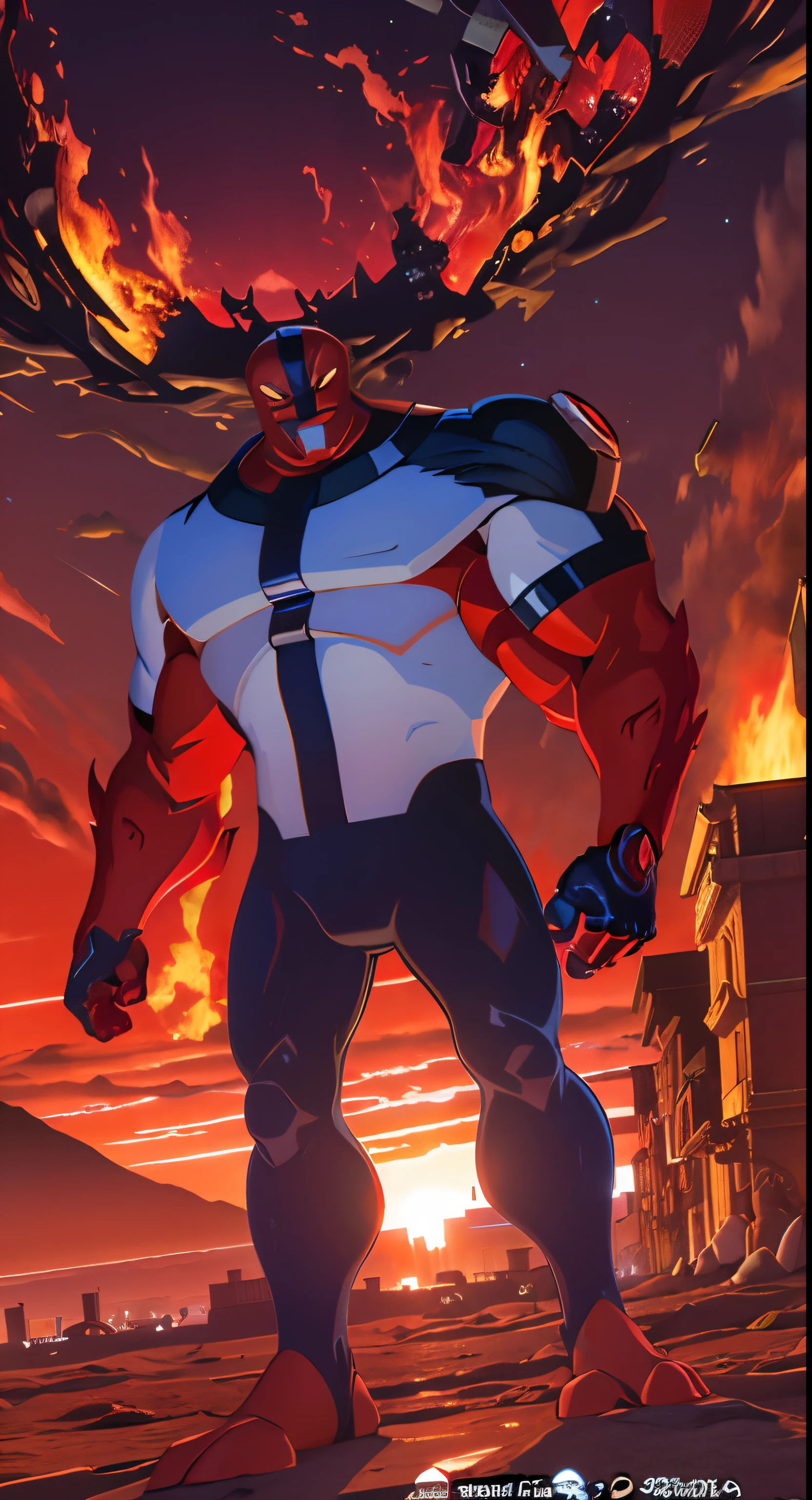 fourarms, Dibujos animados de un hombre con un casco rojo y una capa roja, Arte conceptual oficial, villain wearing a red oni mask, Arte Oficial, Armadura de demonio rojo, an epic anime of an energy man, inspired by Ryūsei Kishida, Arte oficial del personaje, Juggernaut, hero, Marvel Animation, Full body hero, the strongest superhero