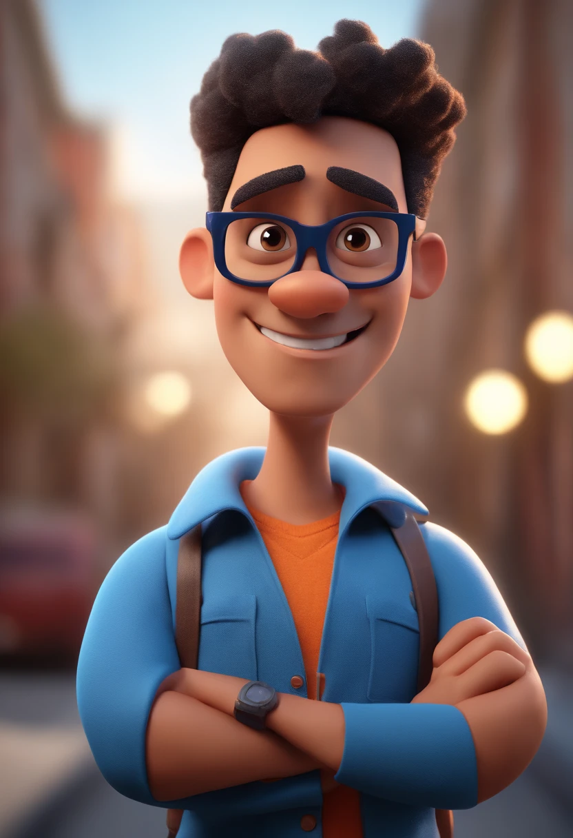 Cartoon character of a man with black glasses and a blue shirt, animation character, Caractere estilizado, animation style rendering, 3D estilizado, Arnold Maya render, 3 d render stylized, toon render keyshot, Personagem 3D, Personagem 3D, 3d rendering stylized, 3 d character render, personagem de desenho animado, Personagem de close up, Pose de personagem,  (Estilo Pixar) (master part:1.2) (Bokeh) (best quality) (pele detalhada) (textura detalhada) (8k) (argila) (Cinematic lighting) (foco nítido