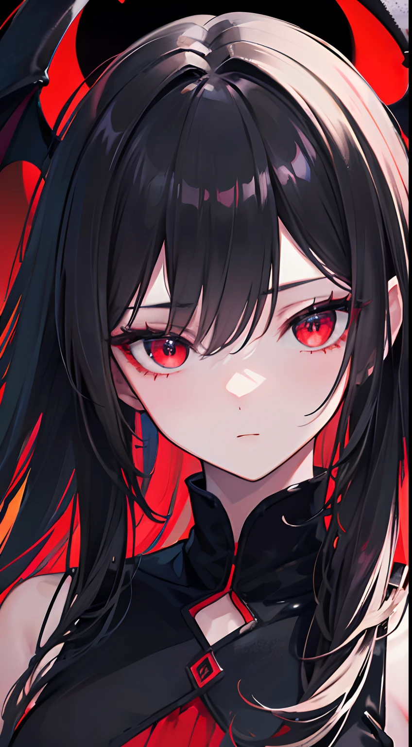 (best quality,4k,8k,highres,masterpiece:1.2),ultra-detailed,beautiful detailed eyes,long black hair,red eyes,black wings,[demon wings],extremely detailed eyes and face,[black gloves],demon,[red dress],dark scenery,portraits,colorful lighting,sharp focus,vivid colors