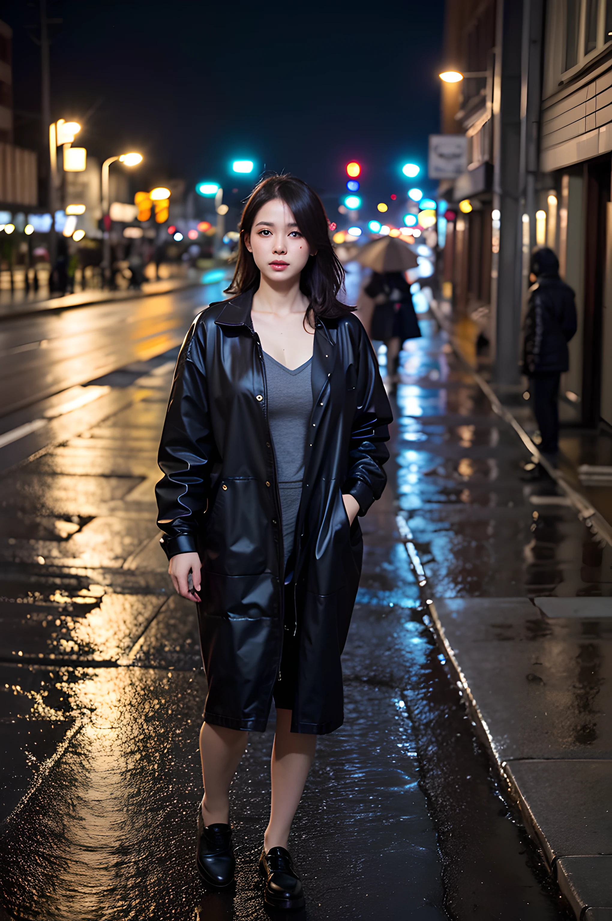 (8k, RAW photo, best quality, masterpiece:1.2), (realistic, photo-realistic:1.4), 1woman, everyday clothes, cute, cityscape, night, rain, wet, (rainy night:1.2), professional lighting, photon mapping, radiosity, physically-based rendering, depth of field,