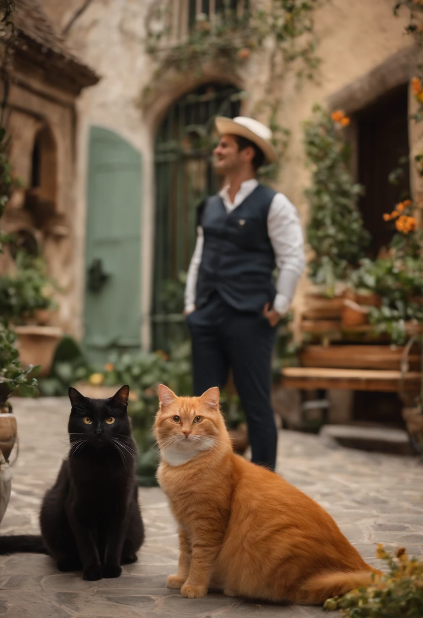 Pixar. Two Young Men Who Are A Gay Couple With Two Cats. First boy is white has black hair, olhos castanhos com 30 anos rosto comprido, cabelo curto bonito. O outro rapaz jovem de cabelos loiro escuro com 30 anos bonito, olhos verdes, e toca piano. They're both smiling, com um gato laranja, e uma gata totalmente preta, ambos amam gatos,