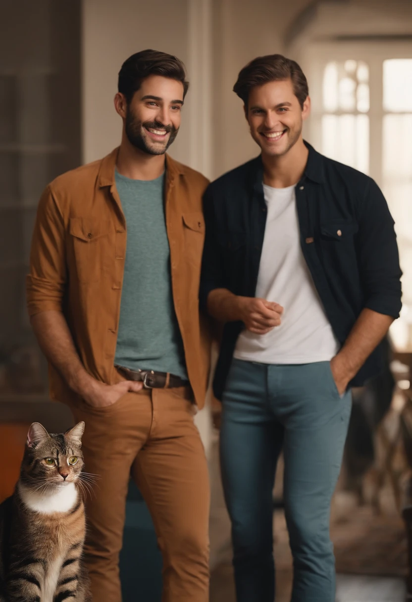 Pixar. Two Young Men Who Are A Gay Couple With Two Cats. First boy is white has black hair, olhos castanhos com 30 anos rosto comprido, cabelo curto bonito. O outro rapaz jovem de cabelos loiro escuro com 30 anos bonito, olhos verdes, e toca piano. They're both smiling, com um gato laranja, e uma gata totalmente preta, ambos amam gatos,