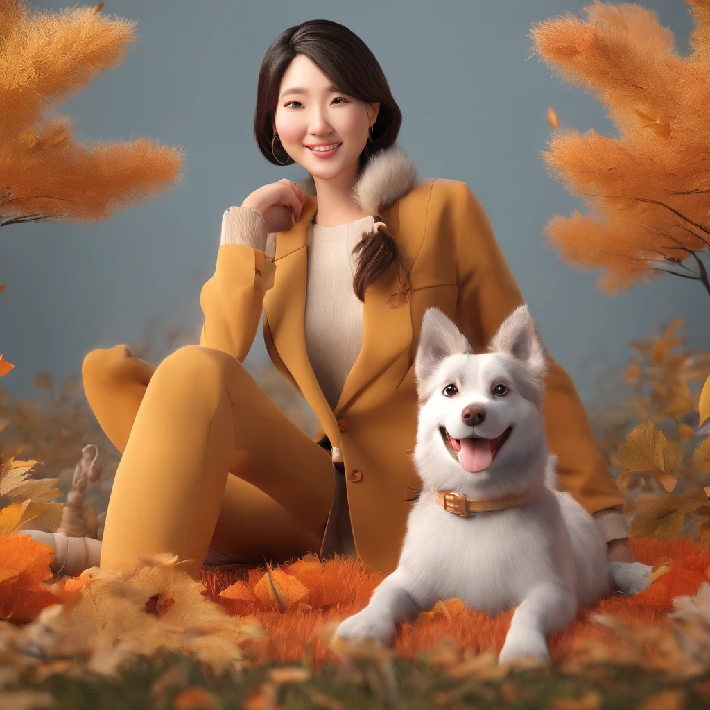 Eliane, a 35 year-old korean woman, is smiling seating in Canada fall with her dog, a mix breed, beige color, with the right ear up and the left ear down, he also has a long body and a ling fluffy tail up.