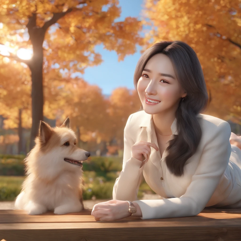Eliane, a 35 year-old korean woman, is smiling seating in Canada fall with her dog, a mix breed, beige color, with the right ear up and the left ear down, he also has a long body and a ling fluffy tail up.