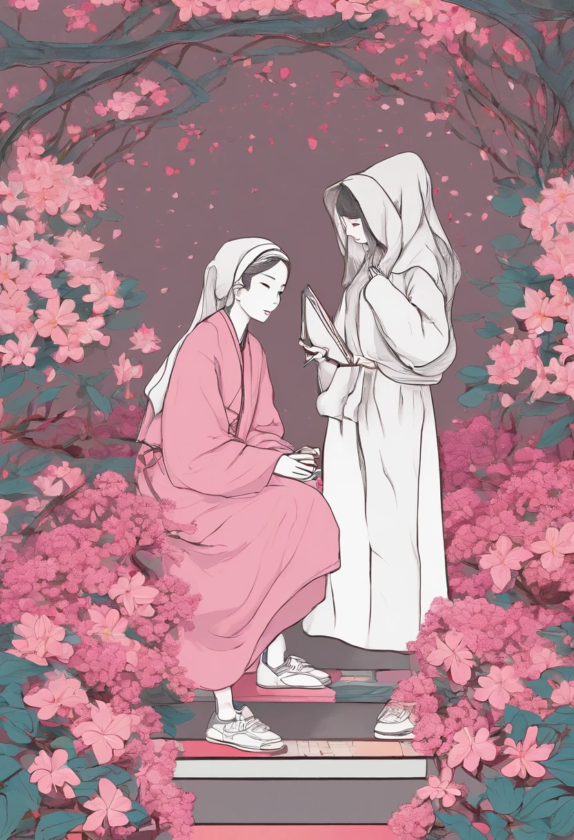 a nun was standing while a girl in a pink sweater was sitting on a chair in the church garden under a frangipani tree while writing.
