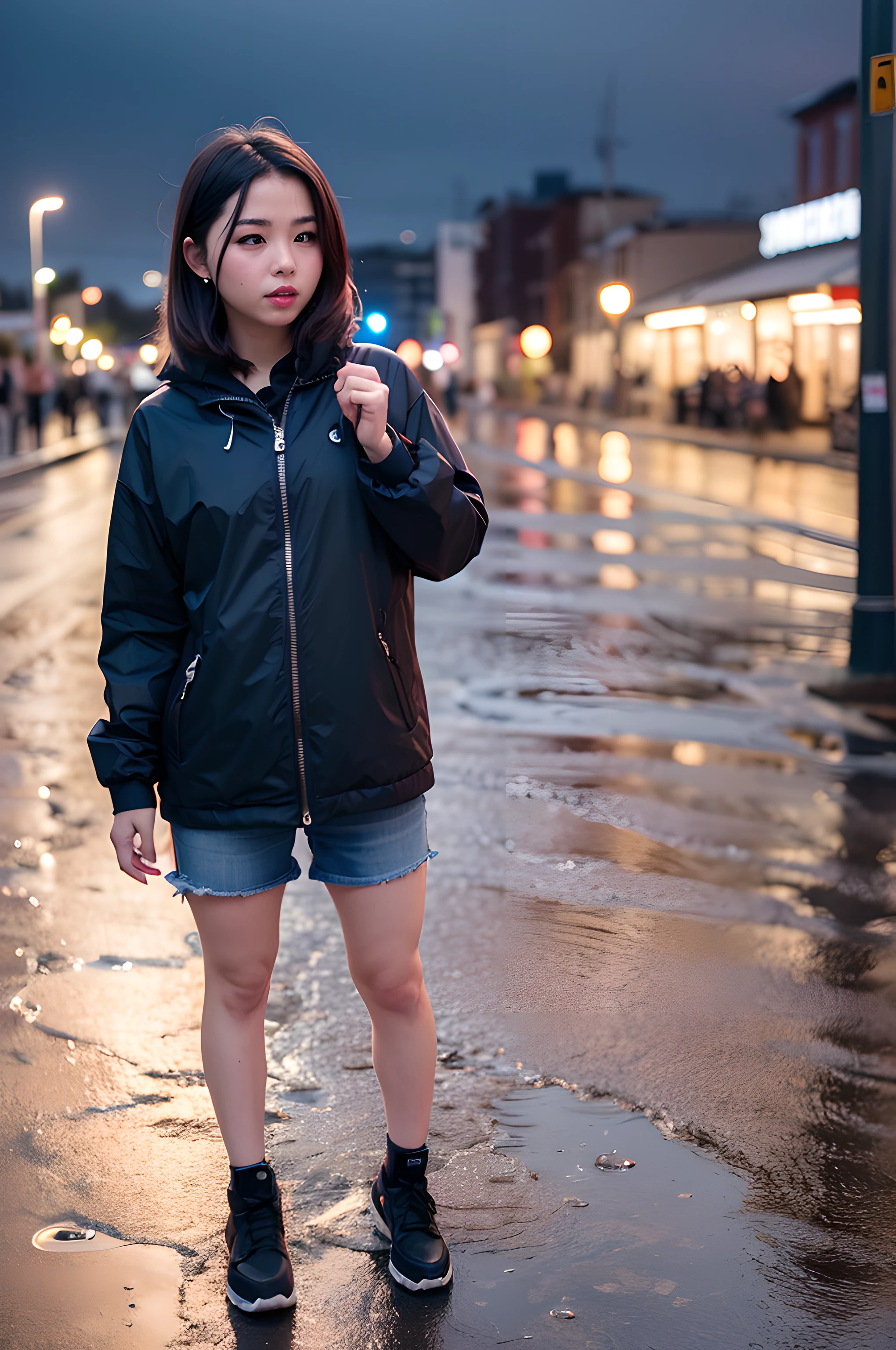 (8k, RAW photo, best quality, masterpiece:1.2), (realistic, photo-realistic:1.4), omertosa, 1girl, everyday clothes, (aegyo sal), cute, cityscape, night, rain, wet, (rainy night:1.2), professional lighting, photon mapping, radiosity, physically-based rendering, depth of field,