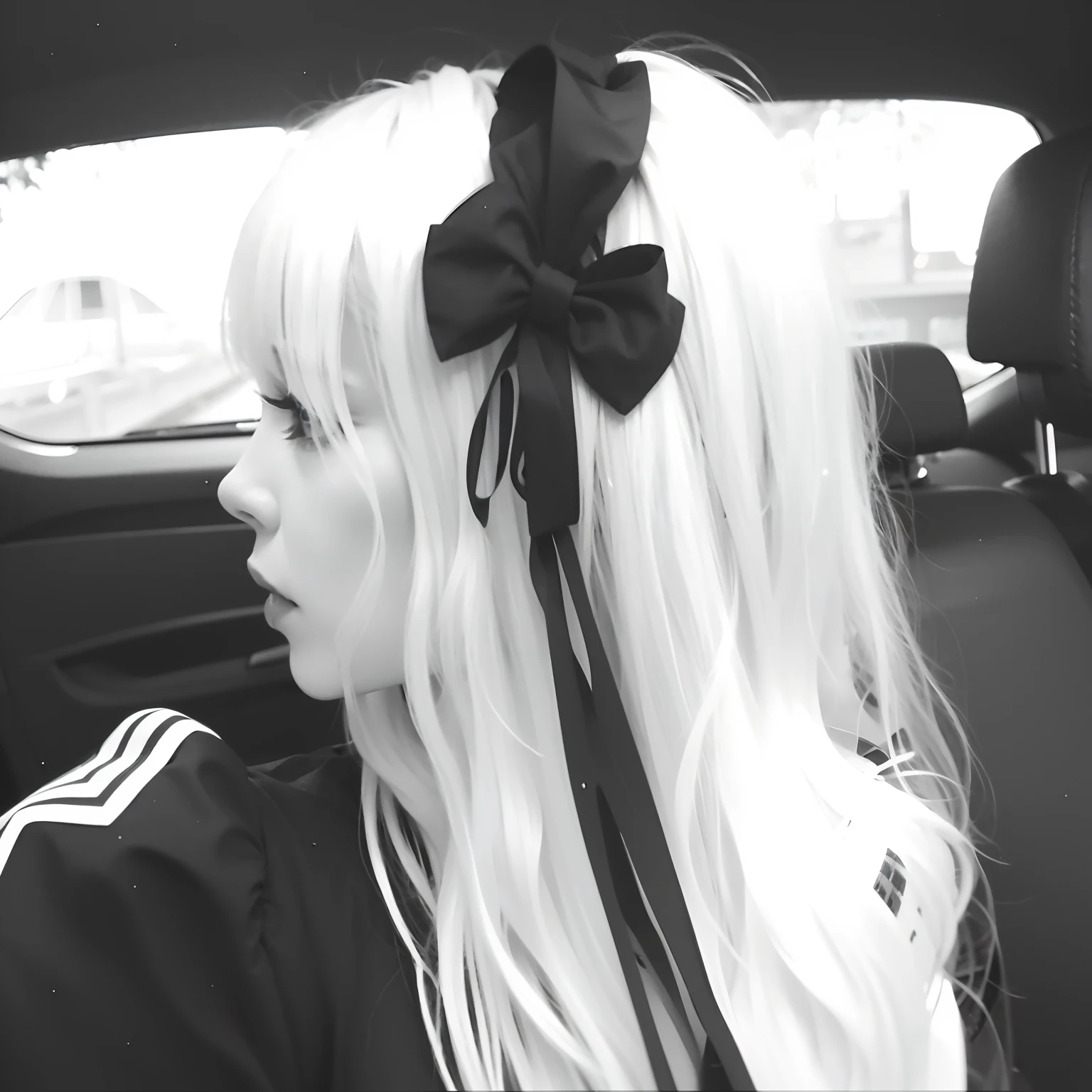 Blonde woman with long white hair in car with black tie, Cabelos pretos e brancos, fita no cabelo, cabelo whitebangs cabelo, her hair is white, longos cabelos brancos e franja, cabelos brancos e fringy, sentada em seu carro, franja branca, Kerli Koiv como Anime Girl, wearing hair bow, estilo lolita, menina perfeita de cabelos brancos