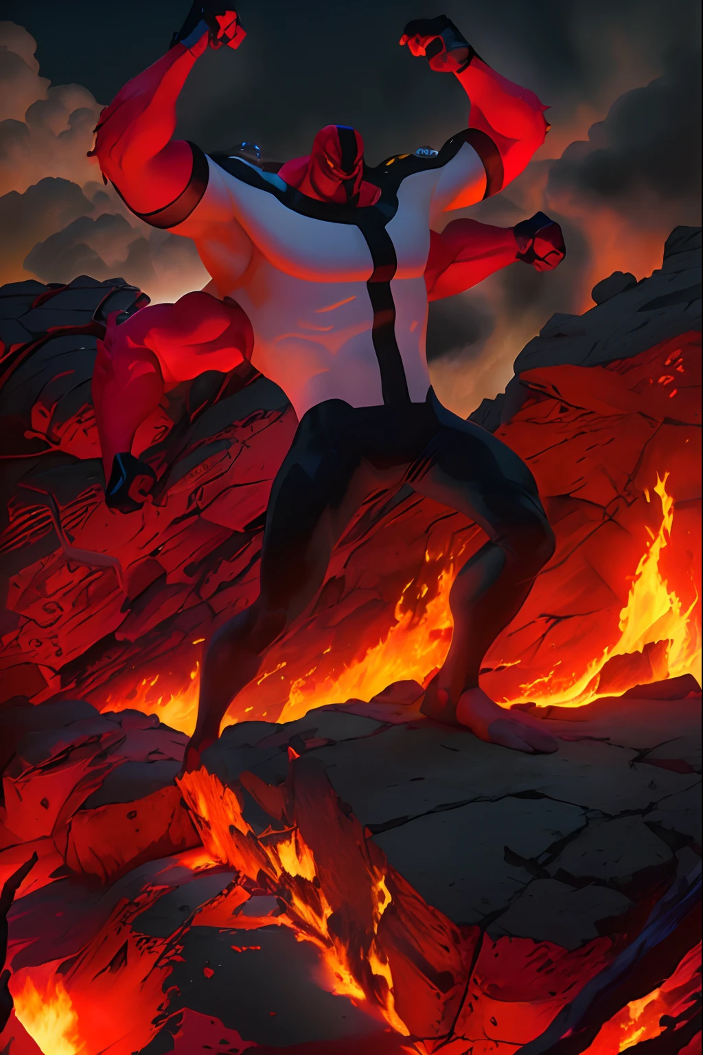 fourarms, Caricatura de un hombre con traje y corbata de pie sobre una roca, Cuerpo con lava negra y roja, Magma y lava, Fuego y lava, musculoso humanoide Balrog demonio, Balrog, Balrog Concept Art, Diosa de la lava y el fuego, Ilustraciones de fondo, hecho de lava, fire behind him, inspirado por Tim y Greg Hildebrandt, Arte Oficial, lava de fuego