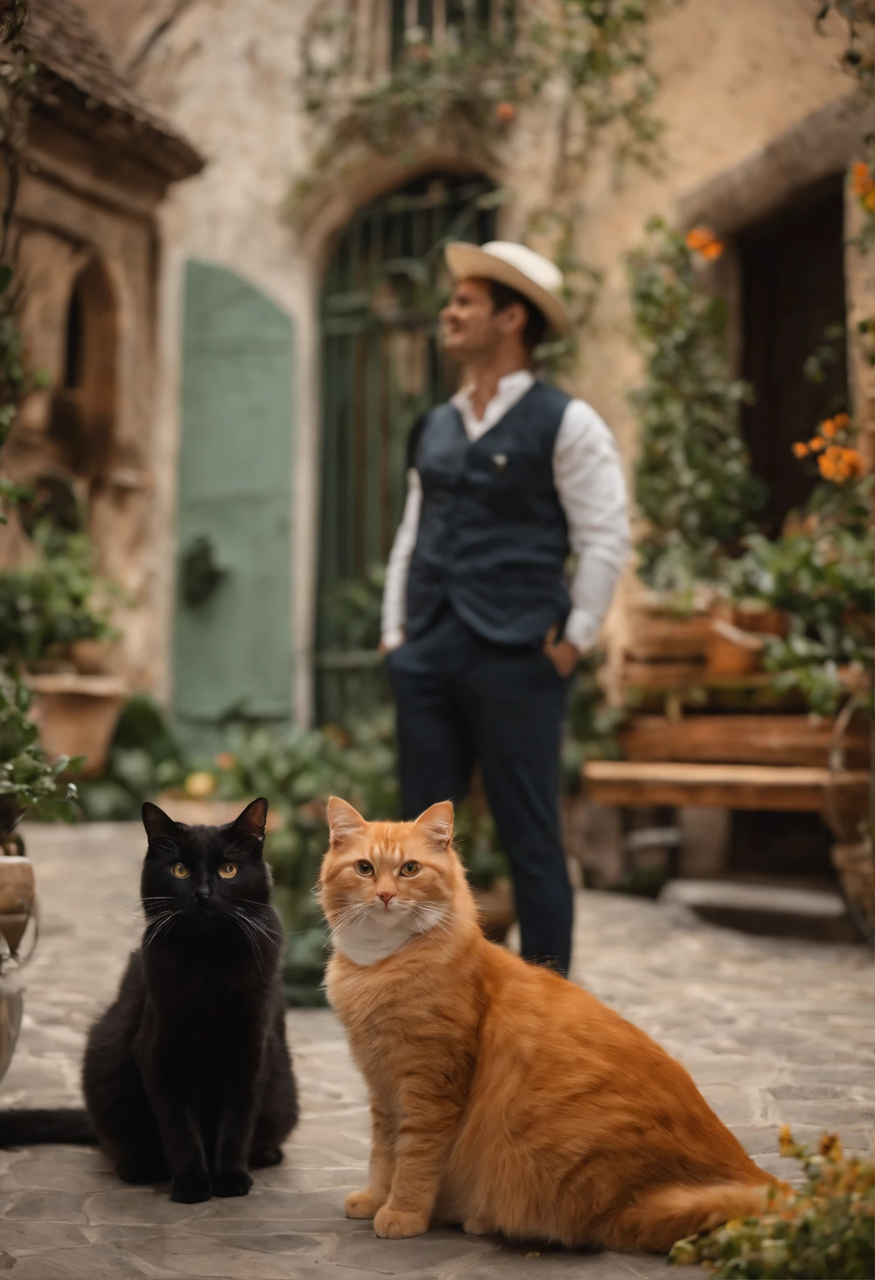 Pixar. Two Young Men Who Are A Gay Couple With Two Cats. First boy is white has black hair, olhos castanhos com 30 anos rosto comprido, cabelo curto bonito. O outro rapaz jovem de cabelos loiro escuro com 30 anos bonito, olhos verdes, e toca piano. They're both smiling, com um gato laranja, e uma gata totalmente preta, ambos amam gatos,