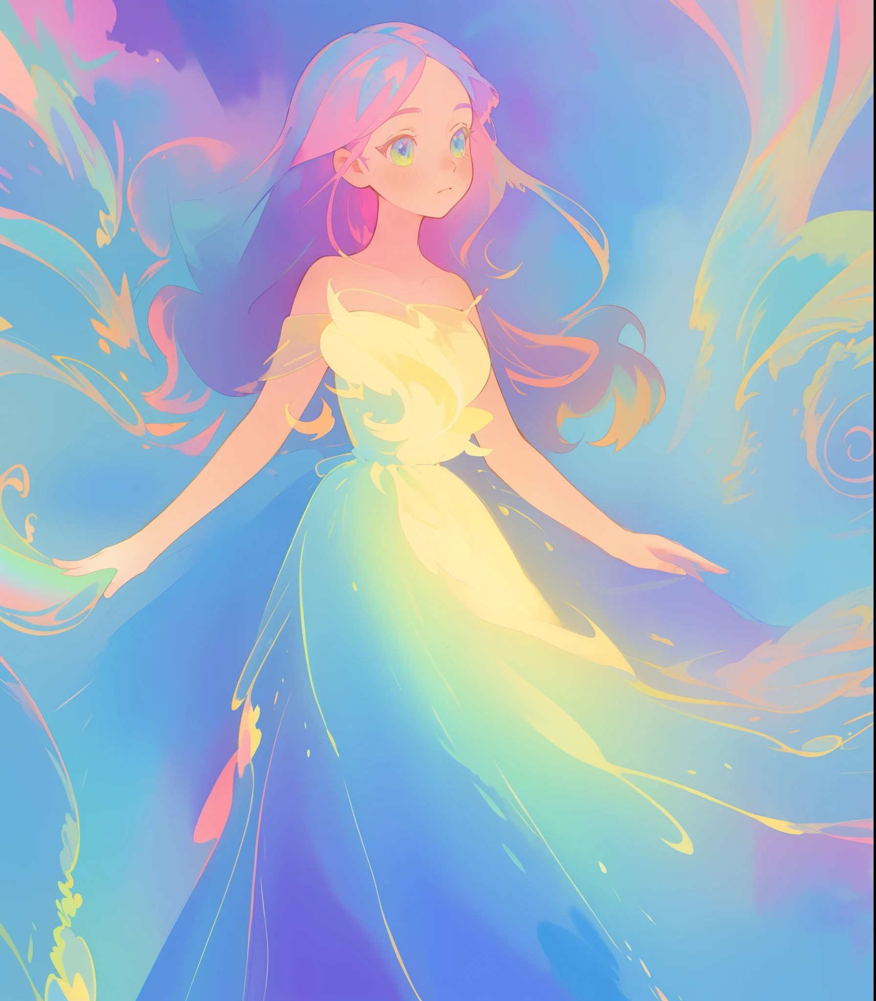 beautiful girl in flowing colorful gradient ballgown, puffy multi-layered ballgown, long flowing colorful hair, vibrant pastel colors, colorful, watercolor illustration, masterpiece, best quality, sharp focus, intricate detail, highly detailed, 8k resolution, beautiful face, golden ratio, perfection, fantasia background, otherworldly, whimsical, magical