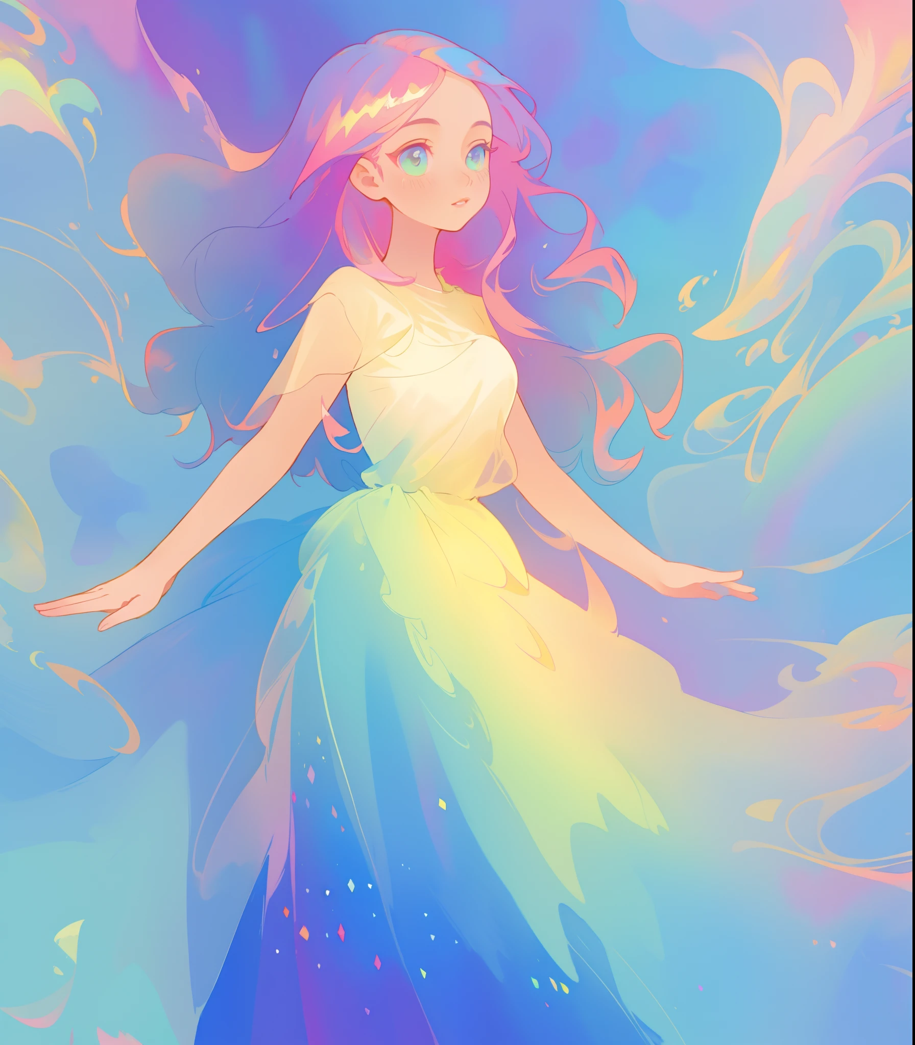 beautiful girl in flowing colorful gradient ballgown, puffy multi-layered ballgown, long flowing colorful hair, vibrant pastel colors, colorful, watercolor illustration, masterpiece, best quality, sharp focus, intricate detail, highly detailed, 8k resolution, beautiful face, golden ratio, perfection, fantasia background, otherworldly, whimsical, magical