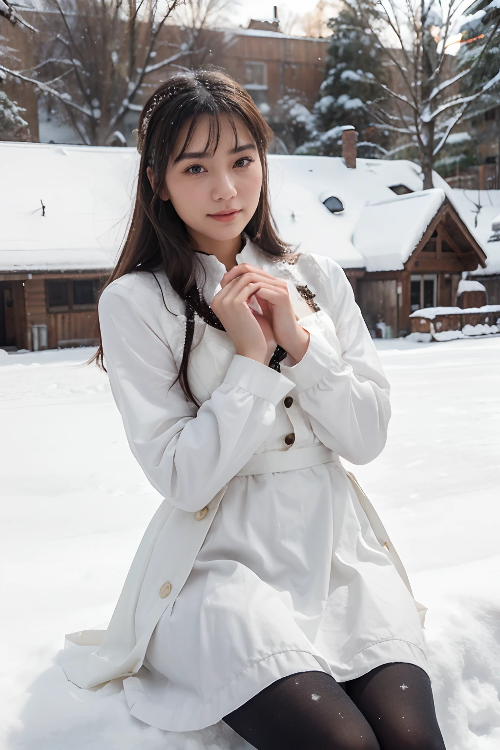 1、A Chinese anime character, Bibi Dong
2、She was in the middle of the snow and ice,Behind it is a quiet town,The houses in the town look more quaint and peaceful in the snow。Next to it is a frozen lake,The surface of the lake is covered with a thick layer of snow and ice,The trees along the lake are also covered with snow,It forms a picture of winter,
3、She wears black pantyhose underneath,Above is a JK skirt,The skirt flutters gently in the wind,It gives a feeling of youthful vitality,
4、She wears a plain white dress on her upper body,She wears a lady's snow-white hat on her head,The brim of the hat is decorated with a ring of fluffy white feathers,It looks very cute,
5、She sat on the snow with her legs together,Snowflakes fell on her,Her eyes were full of anticipation and hope,
6、Her palms were cleverly hidden in the sleeves of her dress,Or somewhere else,Strictly follow the rule of not allowing your fingers to be exposed。She may have her hands in her pockets,Or behind the body,Or cover it with other body parts。