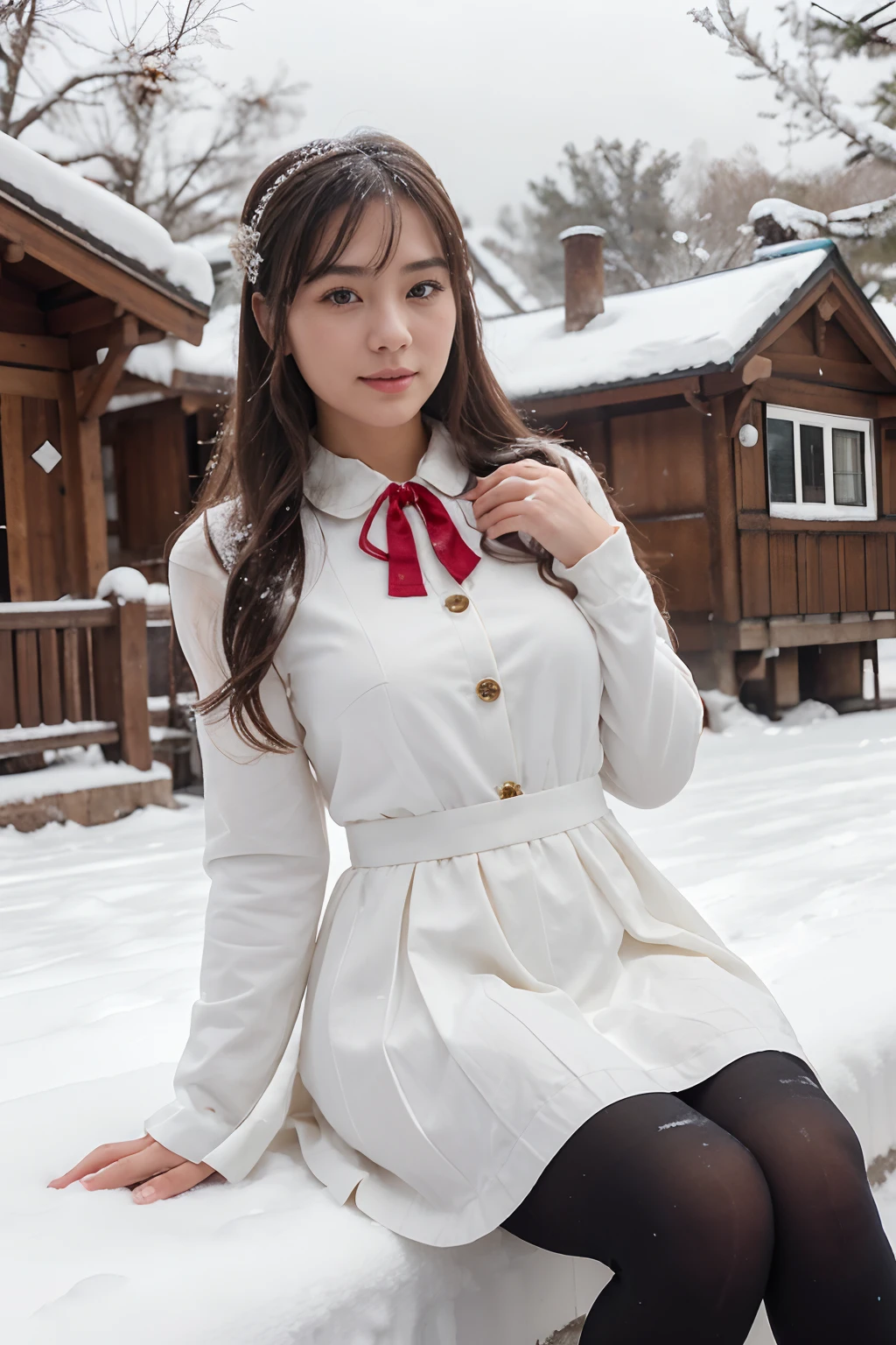 1、A Chinese woman with a standard melon seed face, beautiful and charming. Her face is delicate and attractive, with a nervous smile, and her face is slightly flushed, as if she is a little shy from the winter wind,
2、She is in a snowy environment, behind her is a quiet small town. The houses in the town seem more quaint and peaceful in the snow. Next to her is an icy lake, the lake is covered with thick ice and snow, and the trees by the lake are also covered with snow, forming a winter scroll,
3、She is wearing black tights on her lower body, with a JK short skirt on top. The skirt flutters in the wind, giving a youthful and energetic feeling,
4、She is wearing a pure white Lolita dress on her upper body. The lace edge of the dress is particularly fresh and refined in the snow,
5、She sits with her legs together on the snow, snowflakes falling on her. Her eyes are full of anticipation and hope,
6、Her palms are cleverly hidden in the sleeves of the Lolita dress, or elsewhere, strictly adhering to the rule of not exposing her fingers. She may put her hands in her pockets, behind her body, or cover them with other parts of her body.