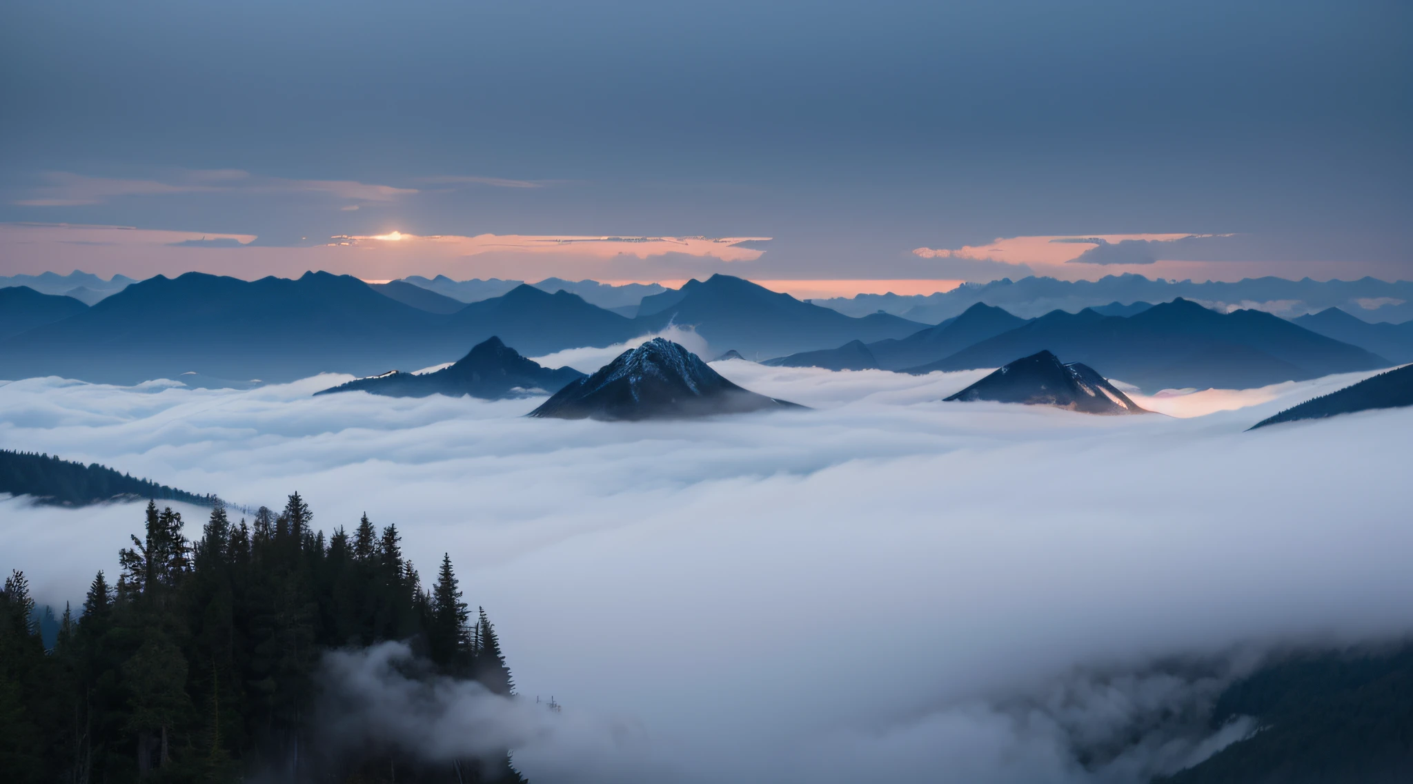 Big Mountain,dense fog,Ultra-long-range viewing angle,wood bridges,Morning