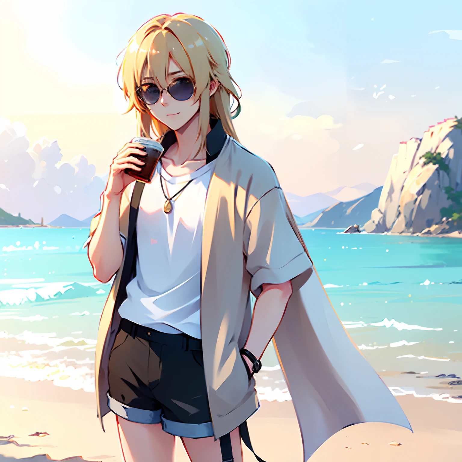 A standard Male, Solo, Lean, Cute, Blonde Hair, Medium length Hair, White T-Shirt, Sunglasses, Caucasian, Gray shorts, Drinking Soda, Outdoors, Beach, Sun Glare, Standing, Sunny, Smirking, Confident, Happy, Detailed Subject, Detailed Background, high quality, high definition, pretty, masterpiece, Anime