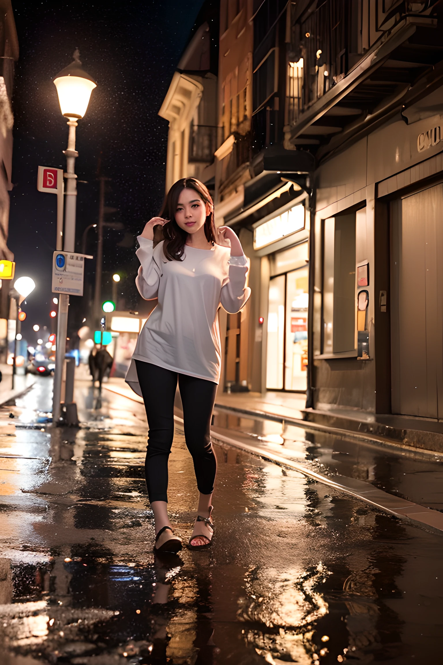 (8k, RAW photo, best quality, masterpiece:1.2), (realistic, photo-realistic:1.37), omertosa, 1girl, wet everyday clothes, (aegyo sal:1), cute, cityscape, night, rain, wet, (rainy night:1.2), professional lighting, photon mapping, radiosity, physically-based rendering