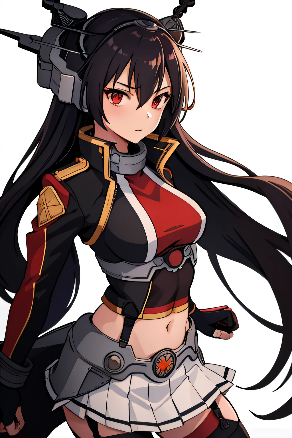 (masterpiece, best quality:1.2),illustration,8k,hd,1girl,solo,upper body,(portrait:1.2),black_hair,long_hair,red_eyes,large_breasts,hair_between_eyes,headgear,navel,black_gloves,elbow_gloves,miniskirt,pleated_skirt,skirt,thighhighs,white_skirt,garter_straps,partially_fingerless_gloves,red_thighhighs,fingerless_gloves,midriff,black_coat,coat,long_coat,